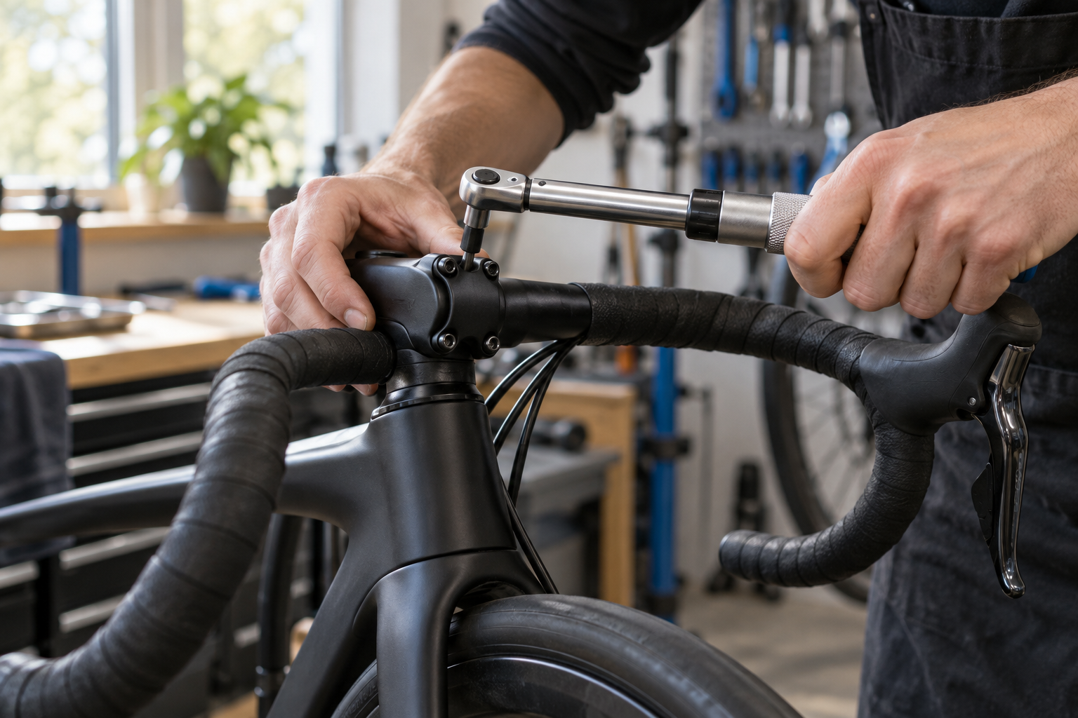 A mechanic tightens a bicycle stem bolt with a torque wrench