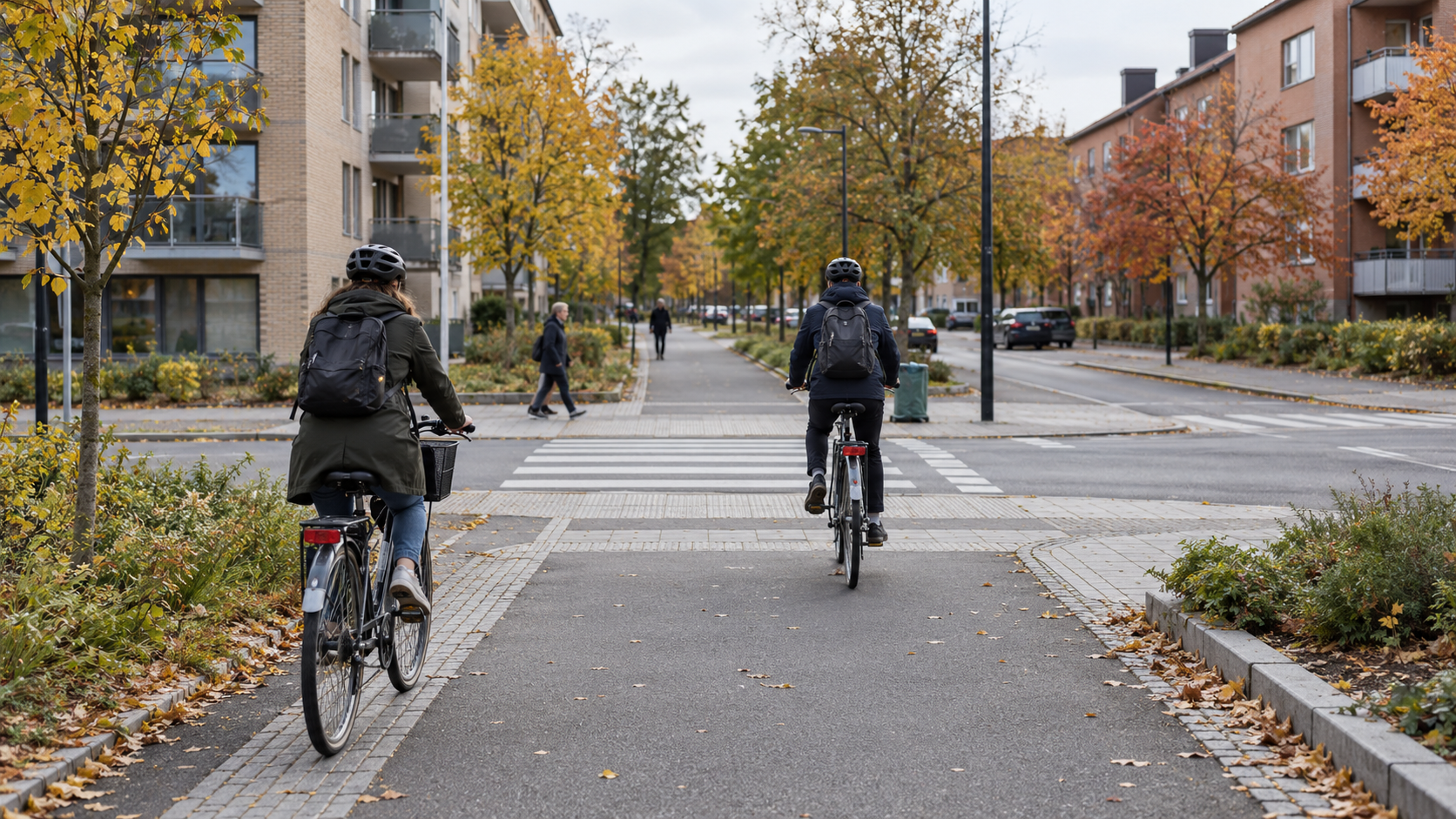 Cyclists approach a street crossing on an urban cycle route in autumn