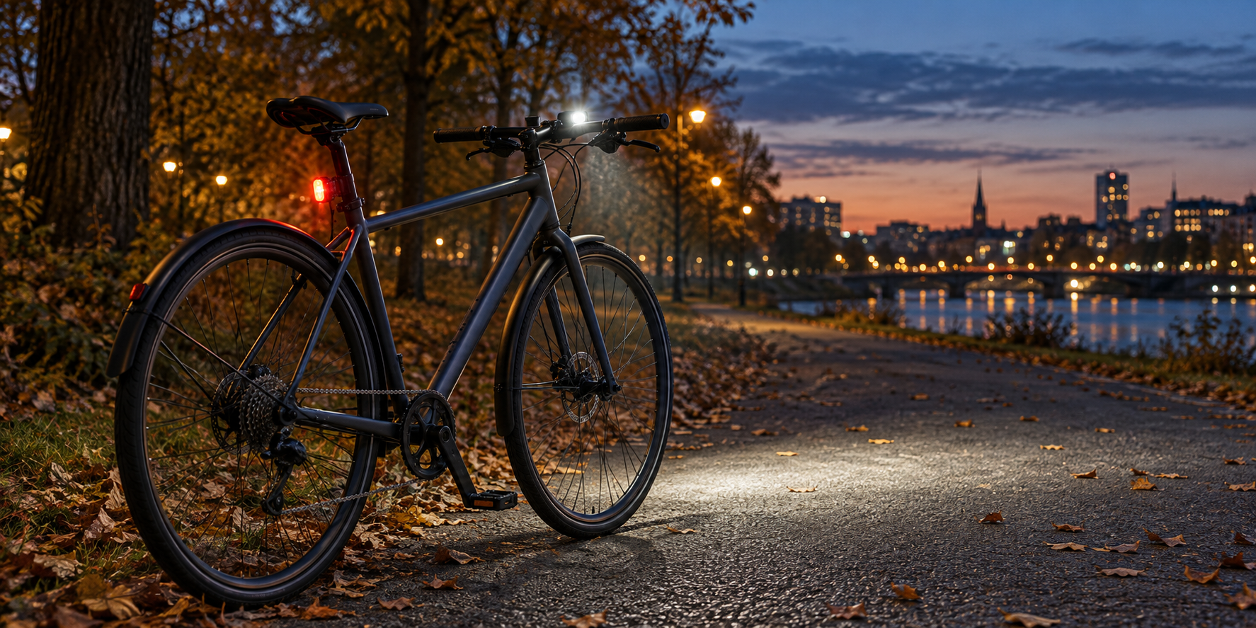 A bicycle at dusk with its white front and red rear lights switched on