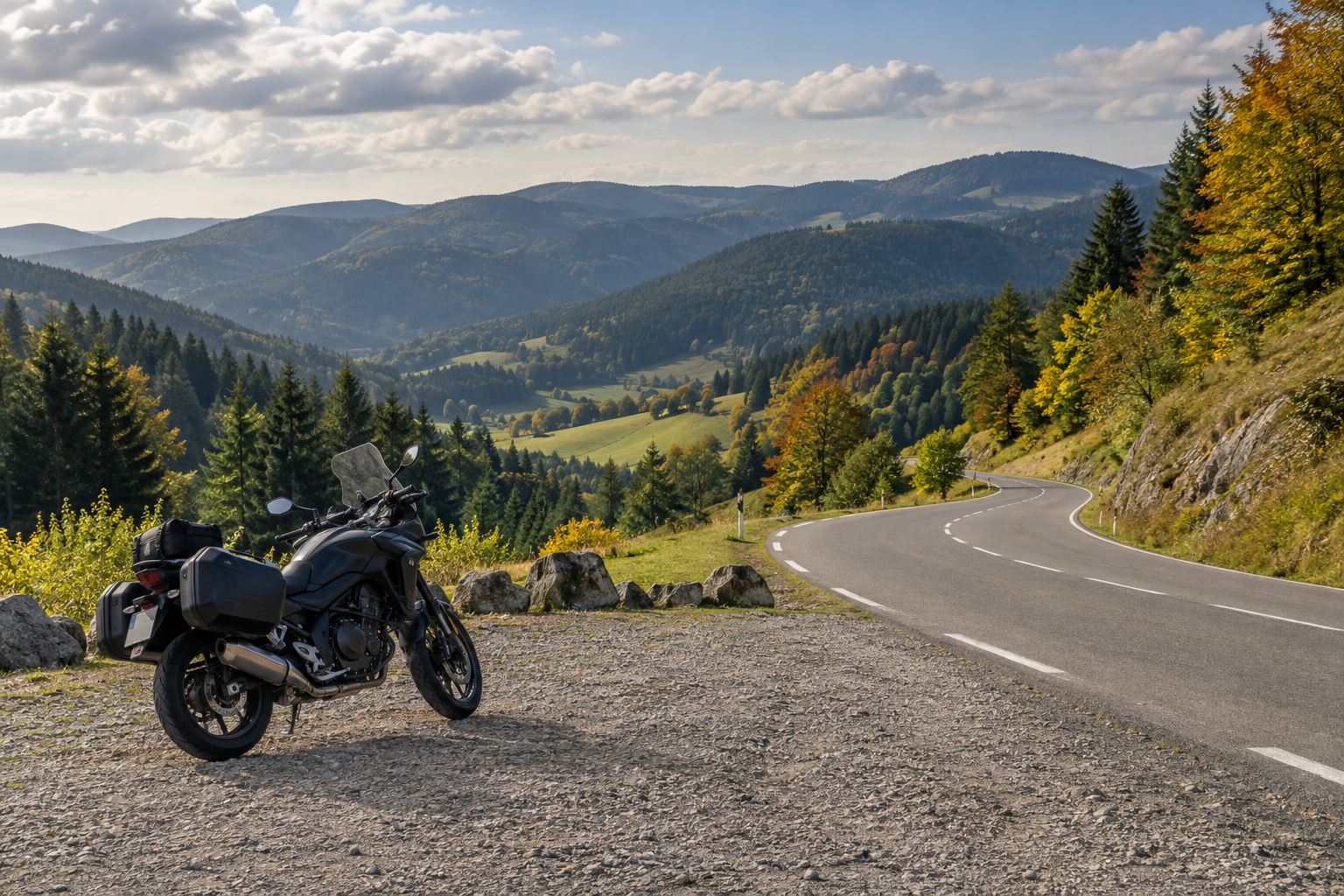 Tūrisma motocikls stāvvietā pie līkumota kalnu ceļa.