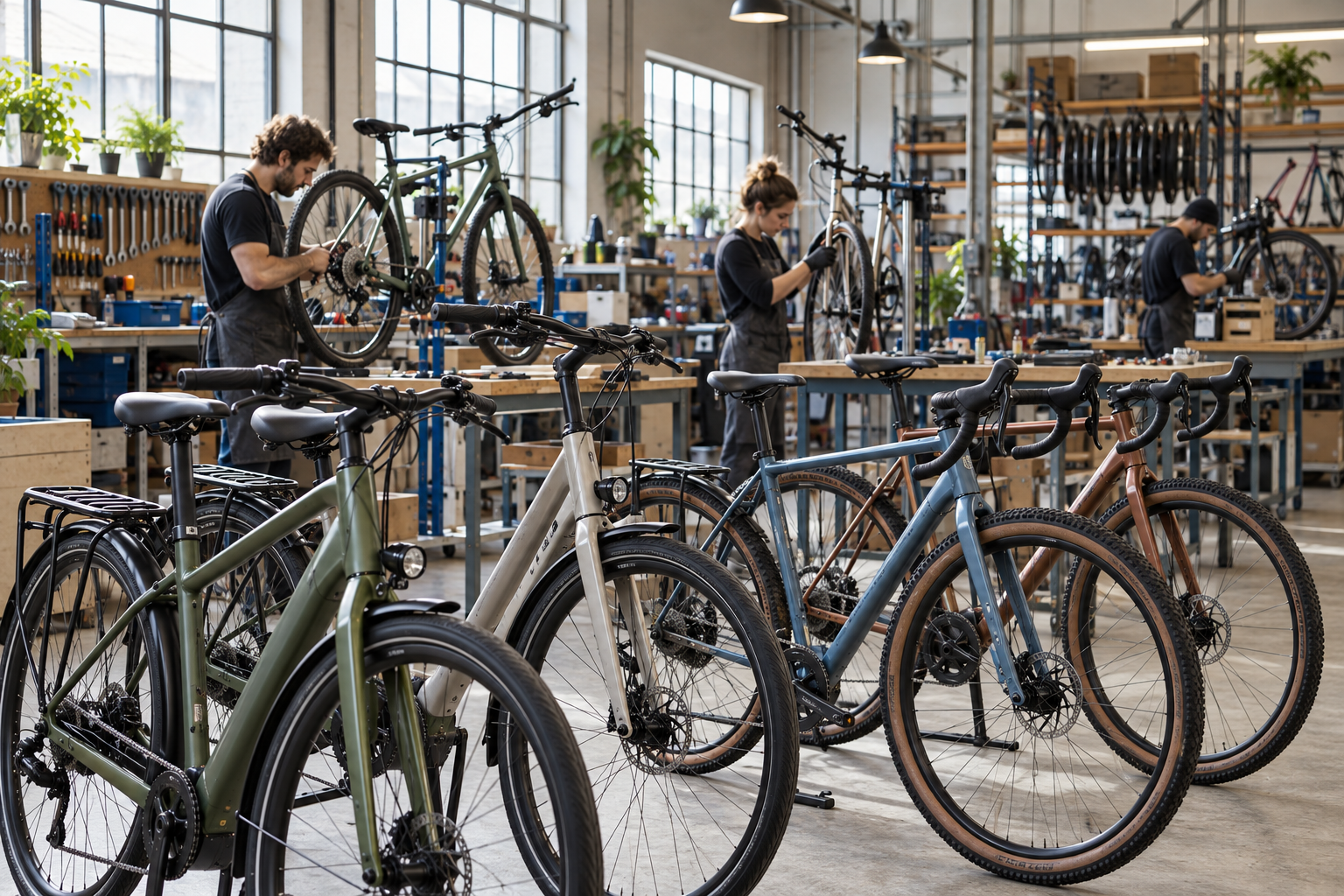 Velosipēdi un darbs velosipēdu montāžas darbnīcā