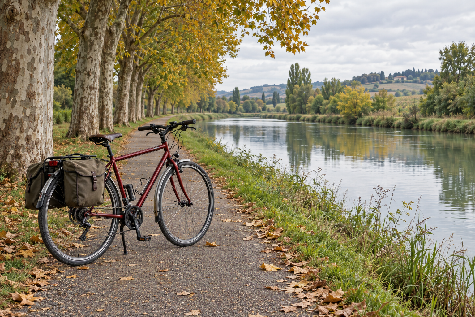 A touring bicycle with panniers beside a canal towpath. Editorial illustration.