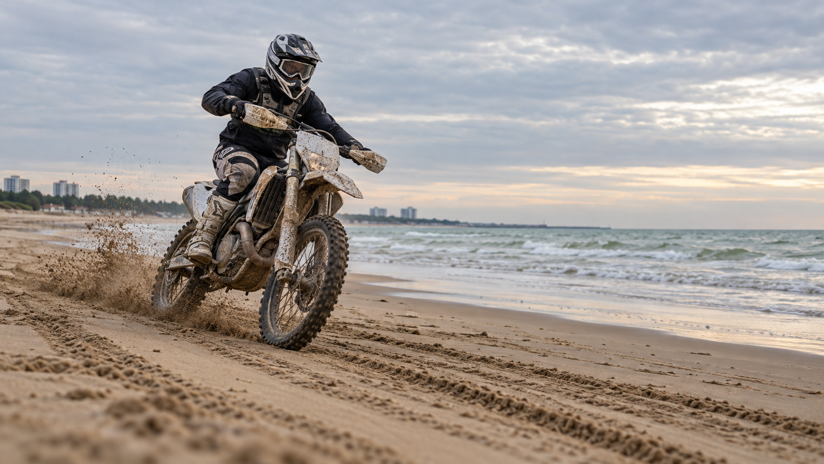 An off-road motorcyclist rides across a broad sandy beach beside the sea