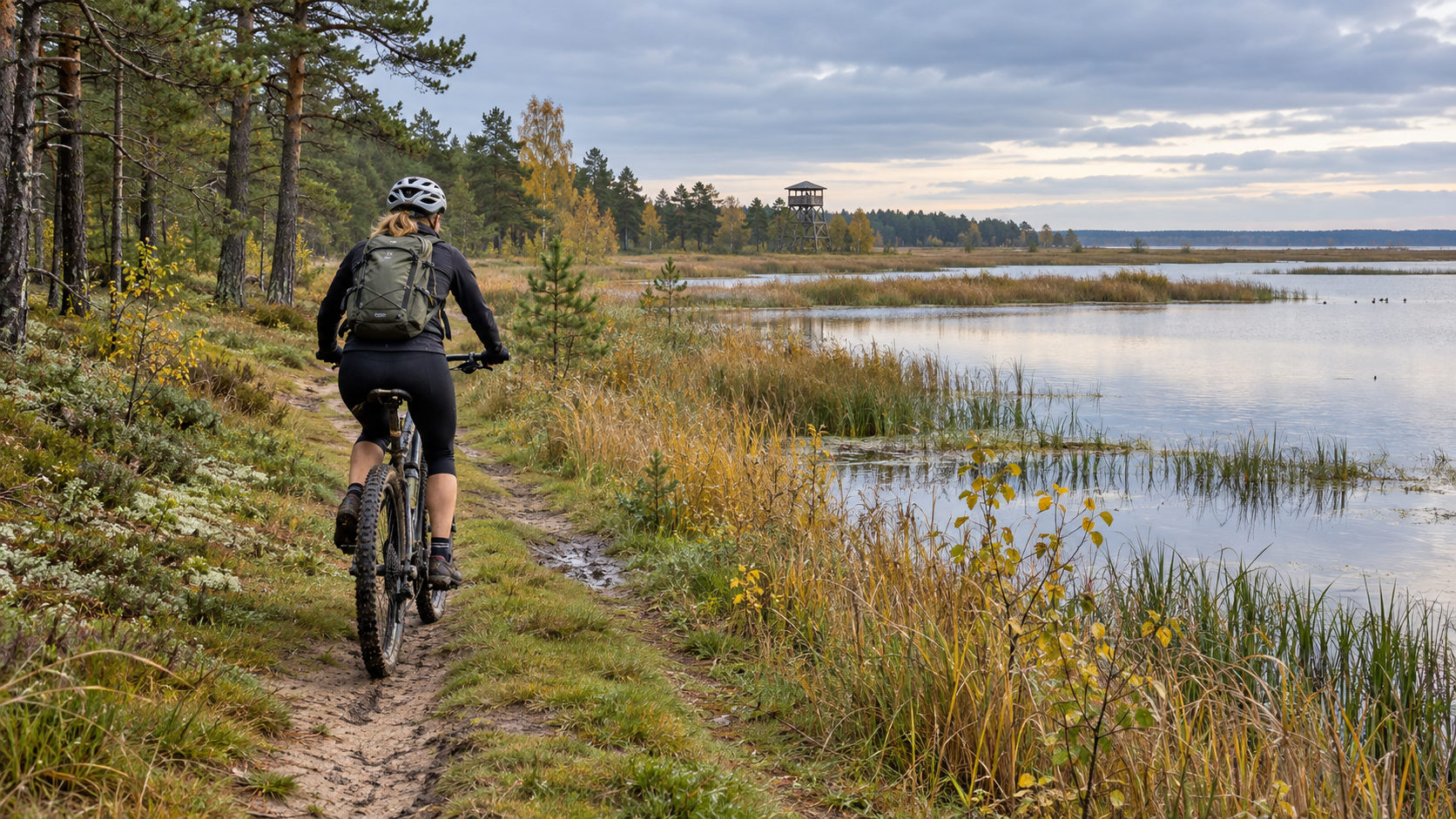 A cyclist on an autumn trail beside a reed-lined lake