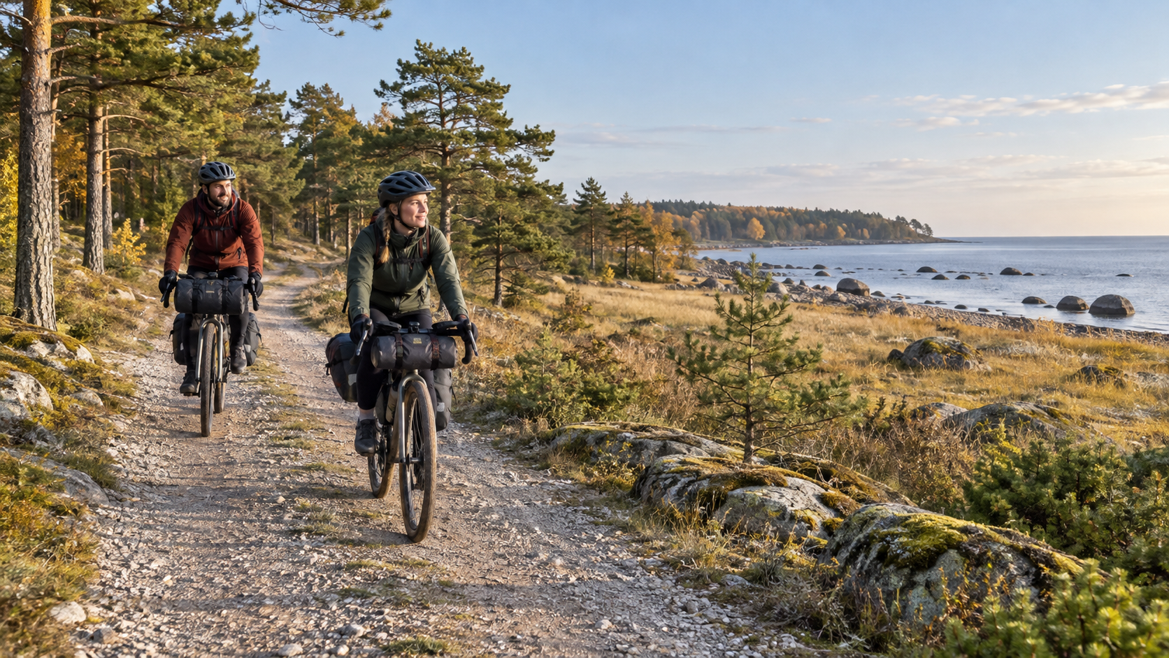 Two touring cyclists on a pine-lined coastal gravel path