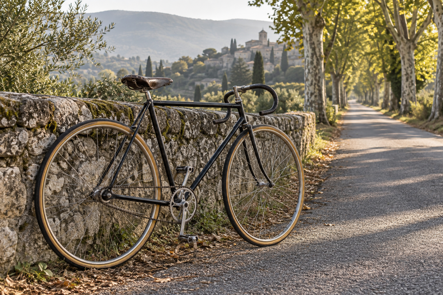 A classic road bicycle beside a stone wall