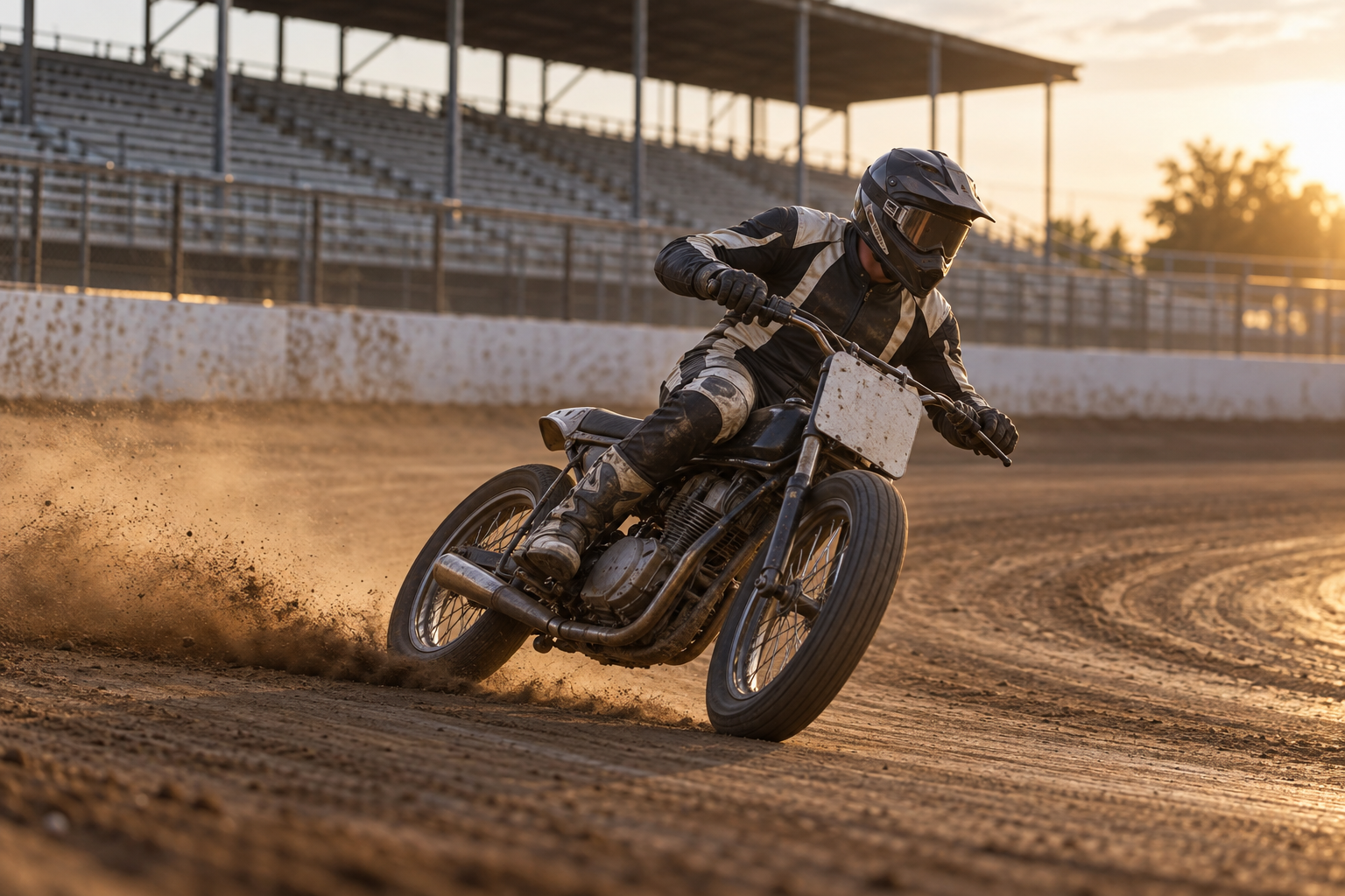 Motociklists izbrauc līkumu grants ovāla trasē