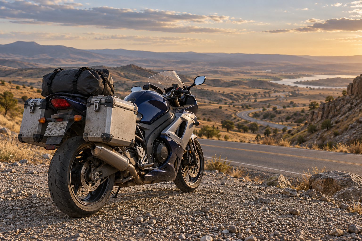Editorial illustration: a sports motorcycle carrying luggage beside a road in a hilly landscape.