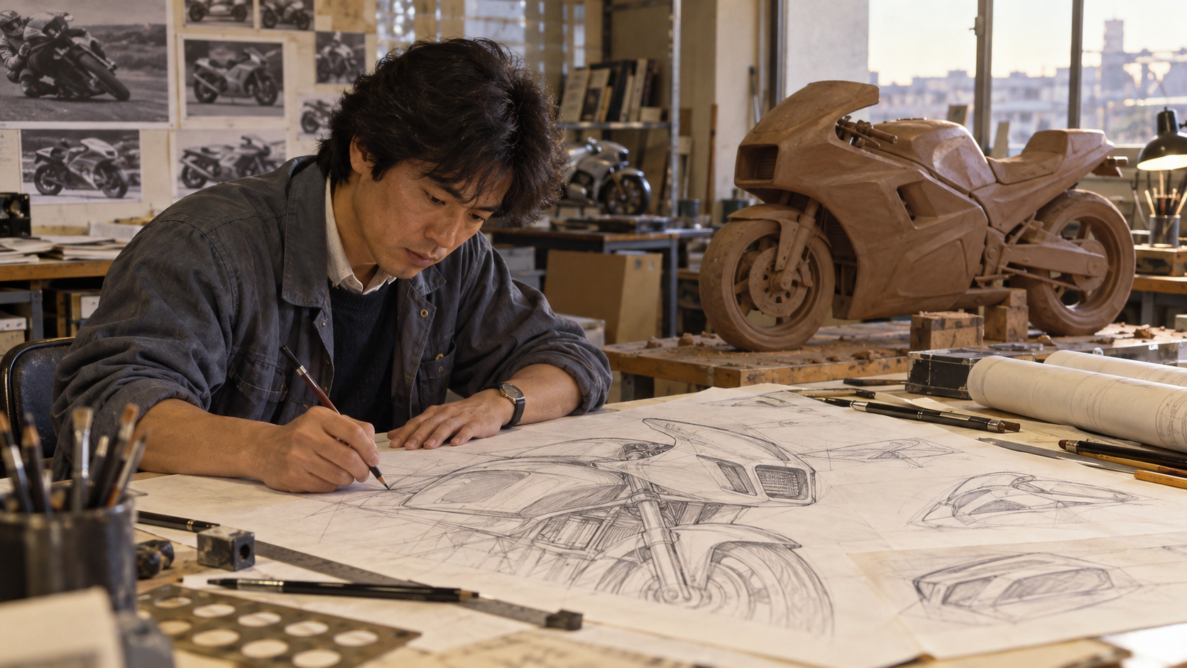 A motorcycle designer works on a drawing in a studio