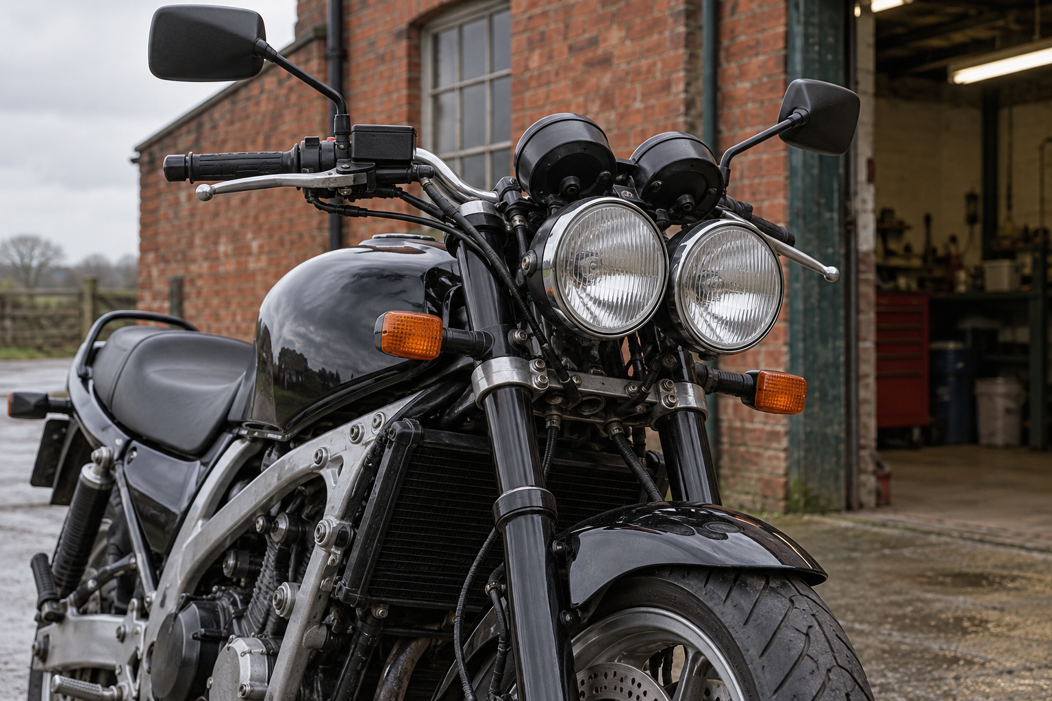 Melns ielas motocikls ar diviem apaļiem priekšējiem lukturiem pie ķieģeļu ēkas