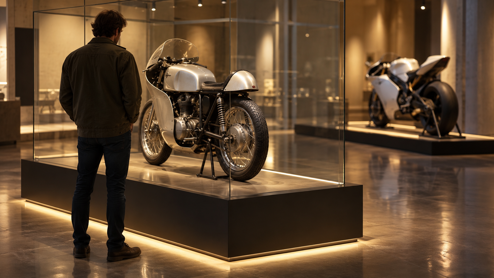A vintage-style racing motorcycle in an exhibition hall, with a modern machine in the background.