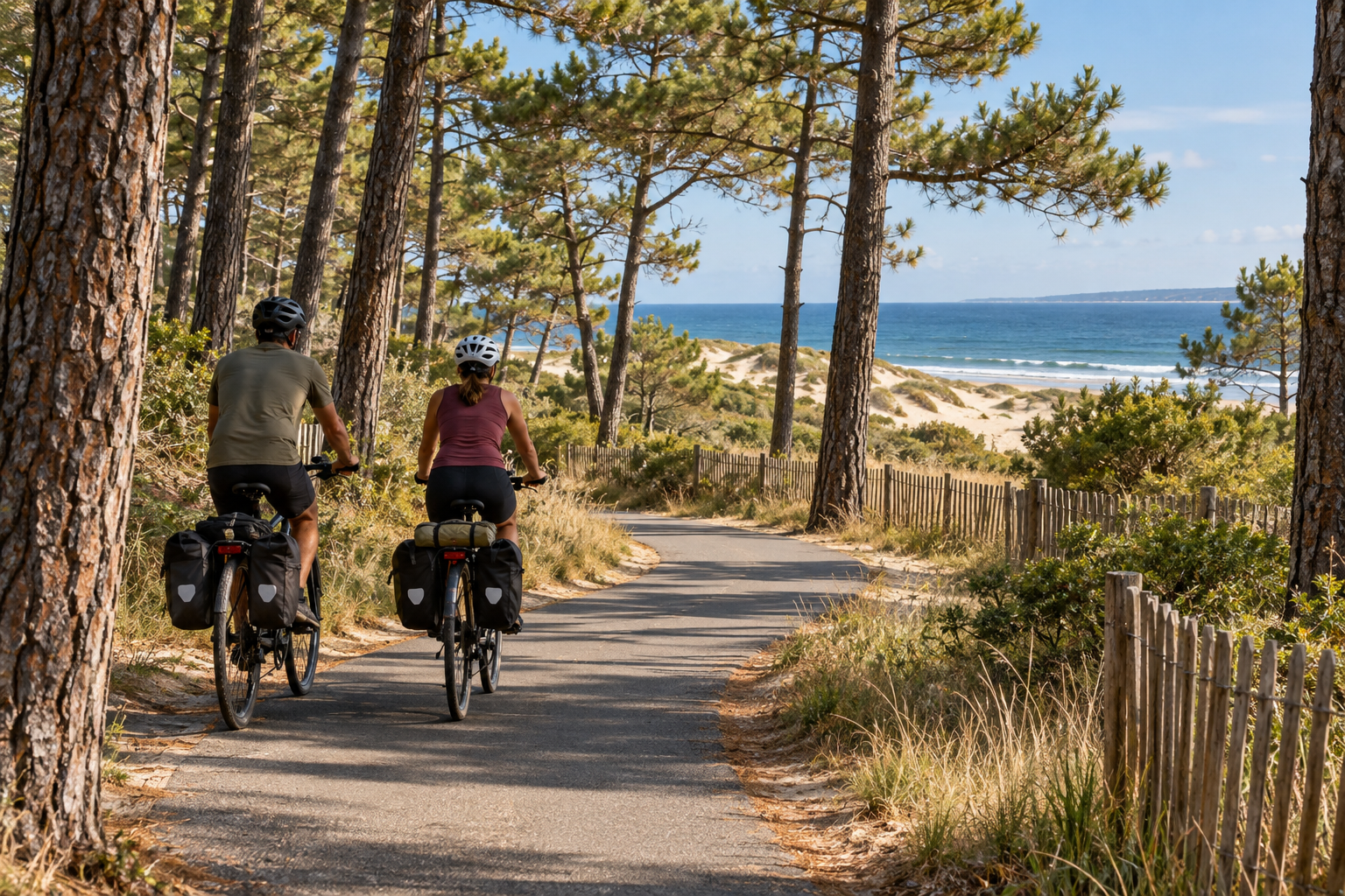 Touring cyclists on a coastal woodland path