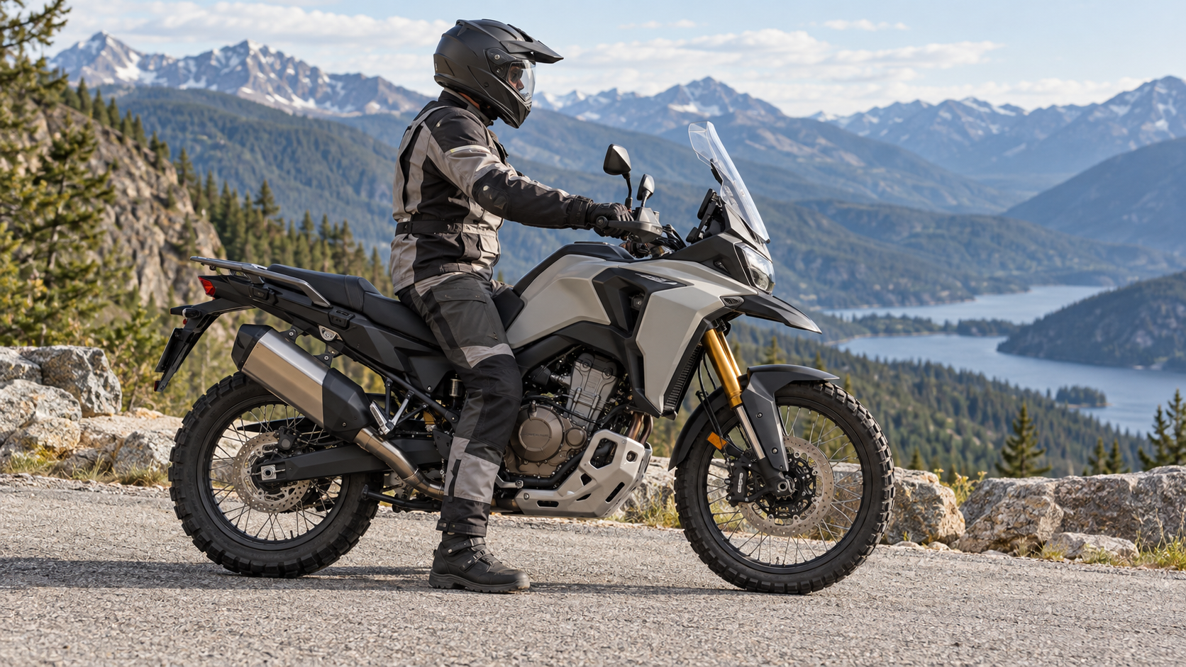 A rider stops an adventure motorcycle with one foot on the ground