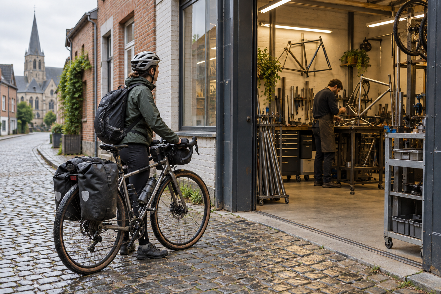 A cyclist outside a bicycle workshop on a Belgian street.