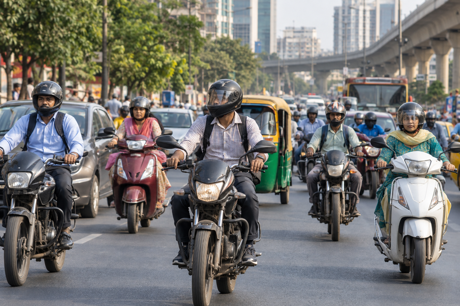 Motocikli un motorolleri pilsētas satiksmē Indijā