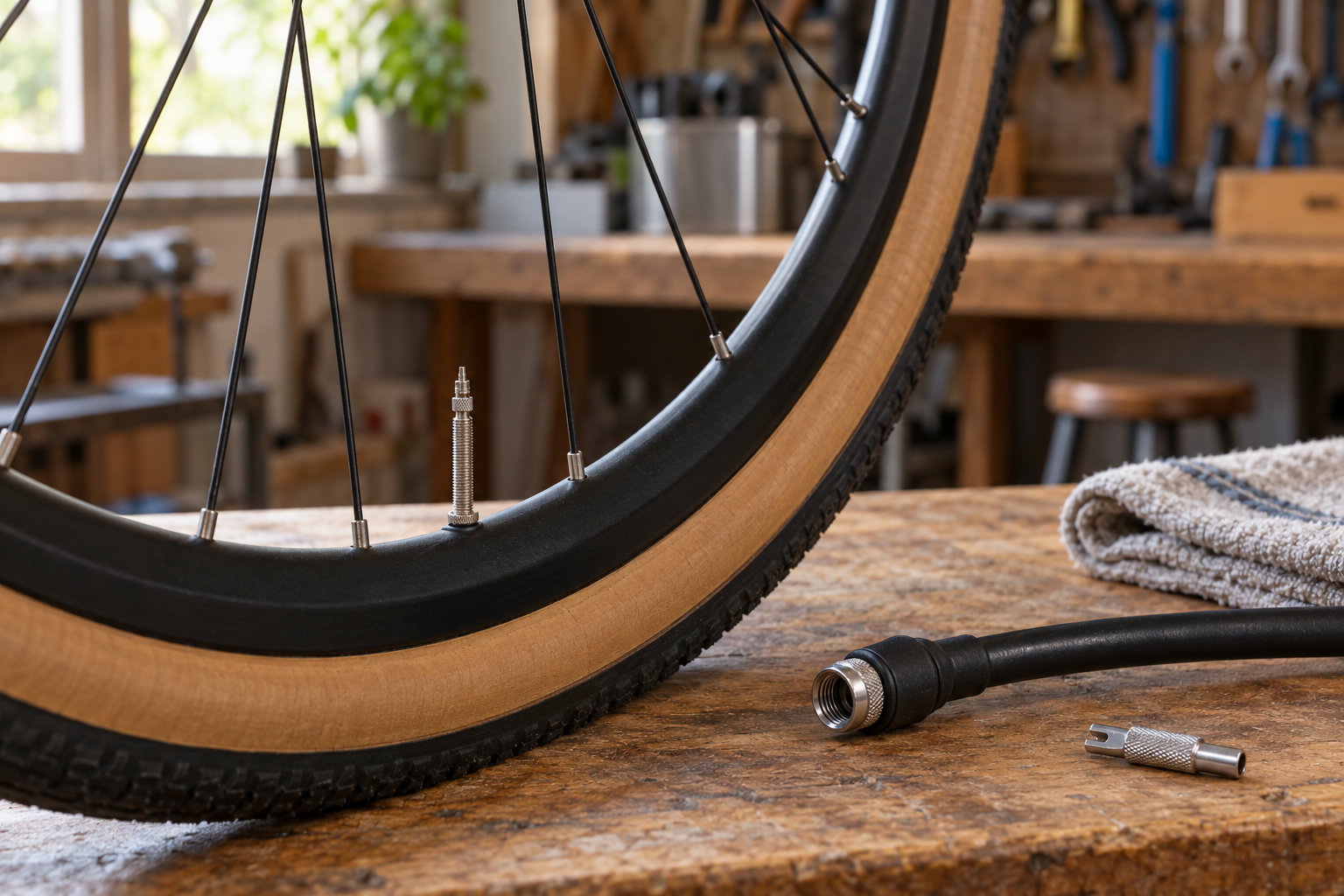Bicycle wheel with a Presta valve and a pump hose on a workbench — an illustrative image.