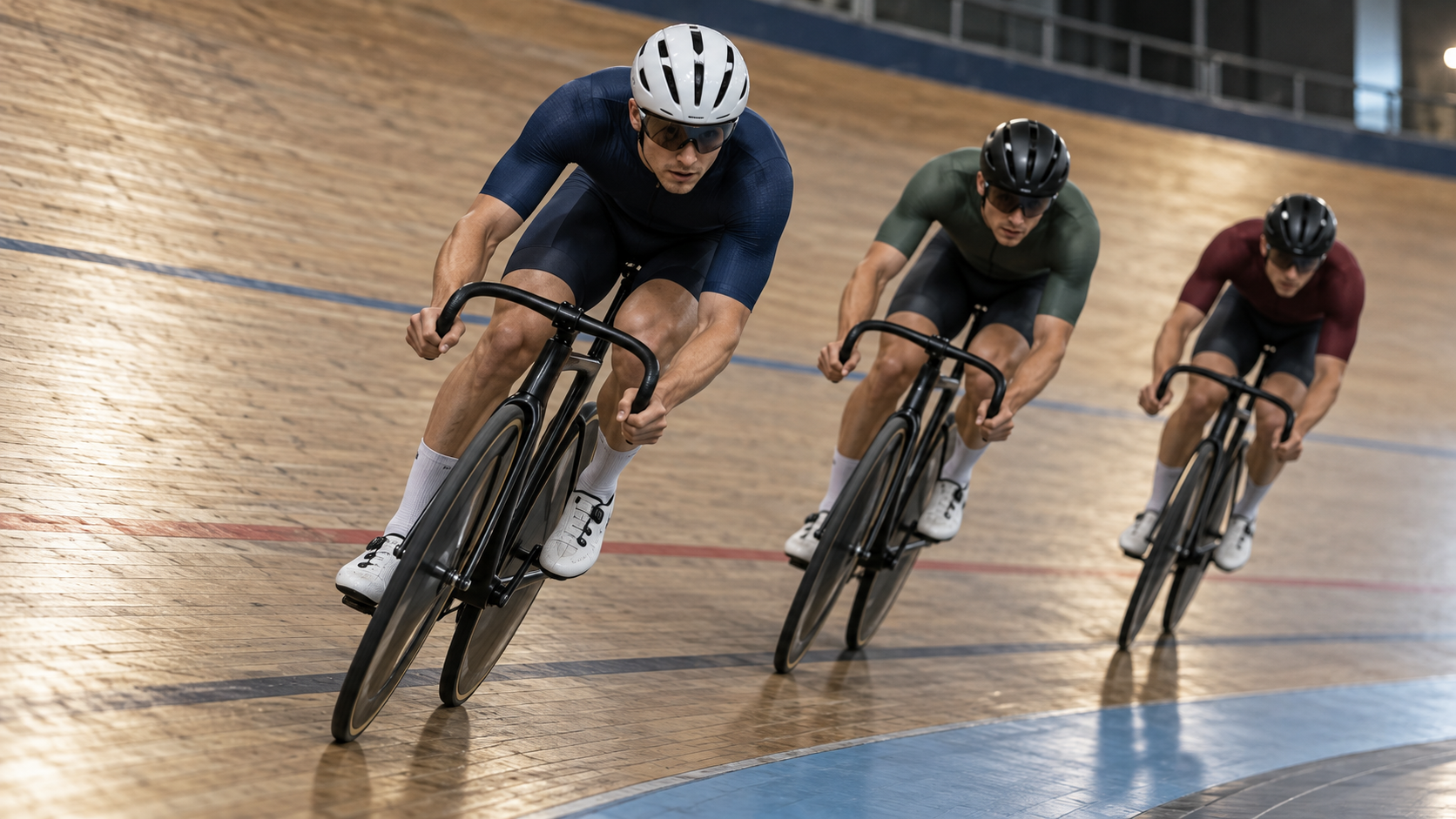 Treka riteņbraucēji velodroma virāžā