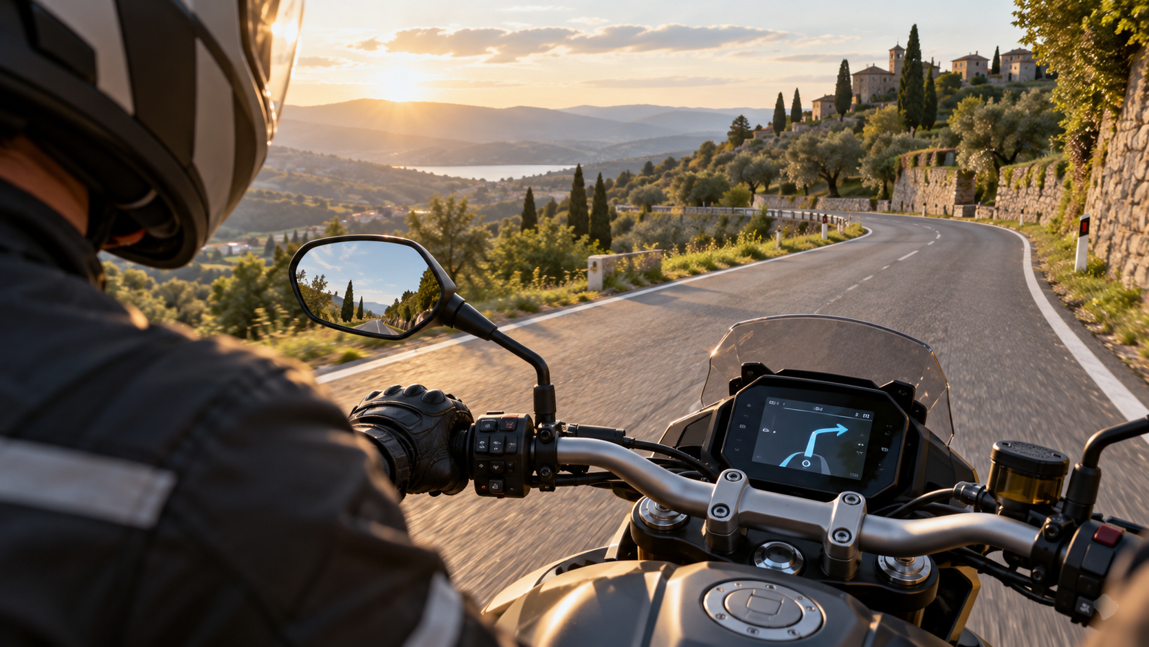 A motorcyclist follows a turn instruction on the instrument display along a winding road