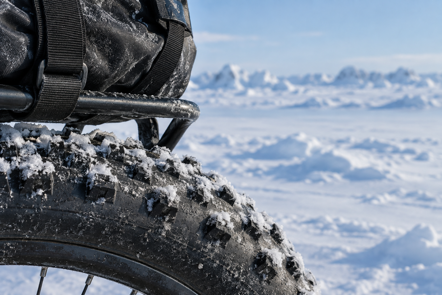 A snow-covered bicycle tyre and an expedition bag