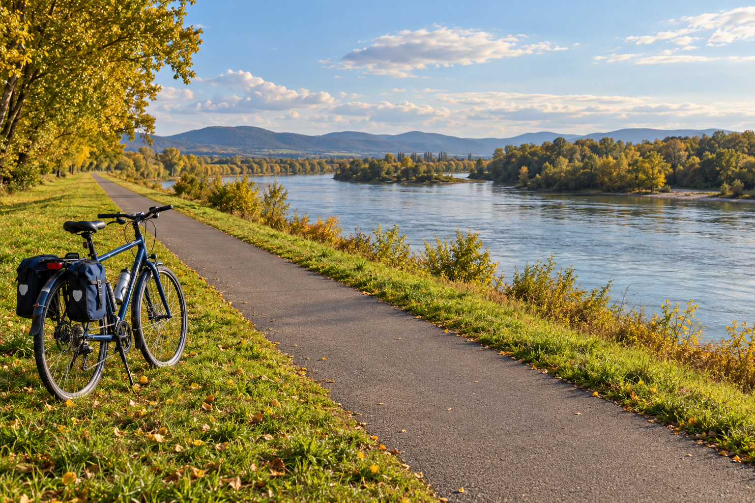 Illustrative riverside cycling landscape with a touring bicycle on an autumn afternoon.