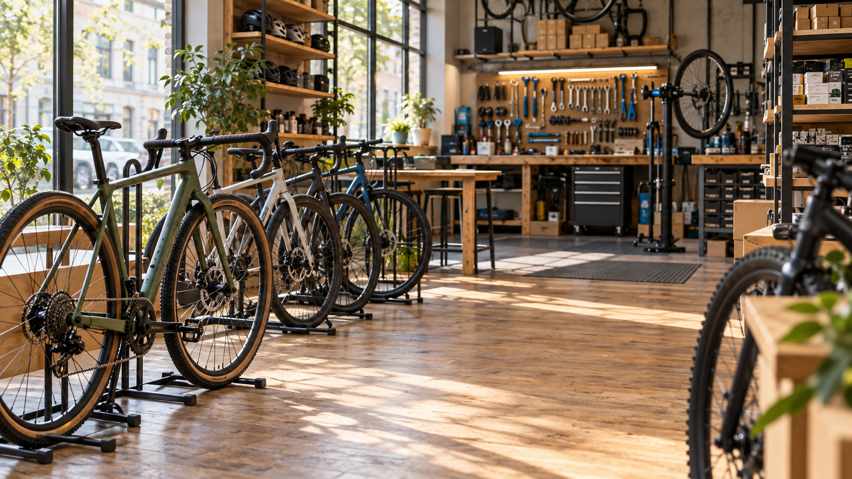 Bicycles and a repair workshop inside a European bike shop