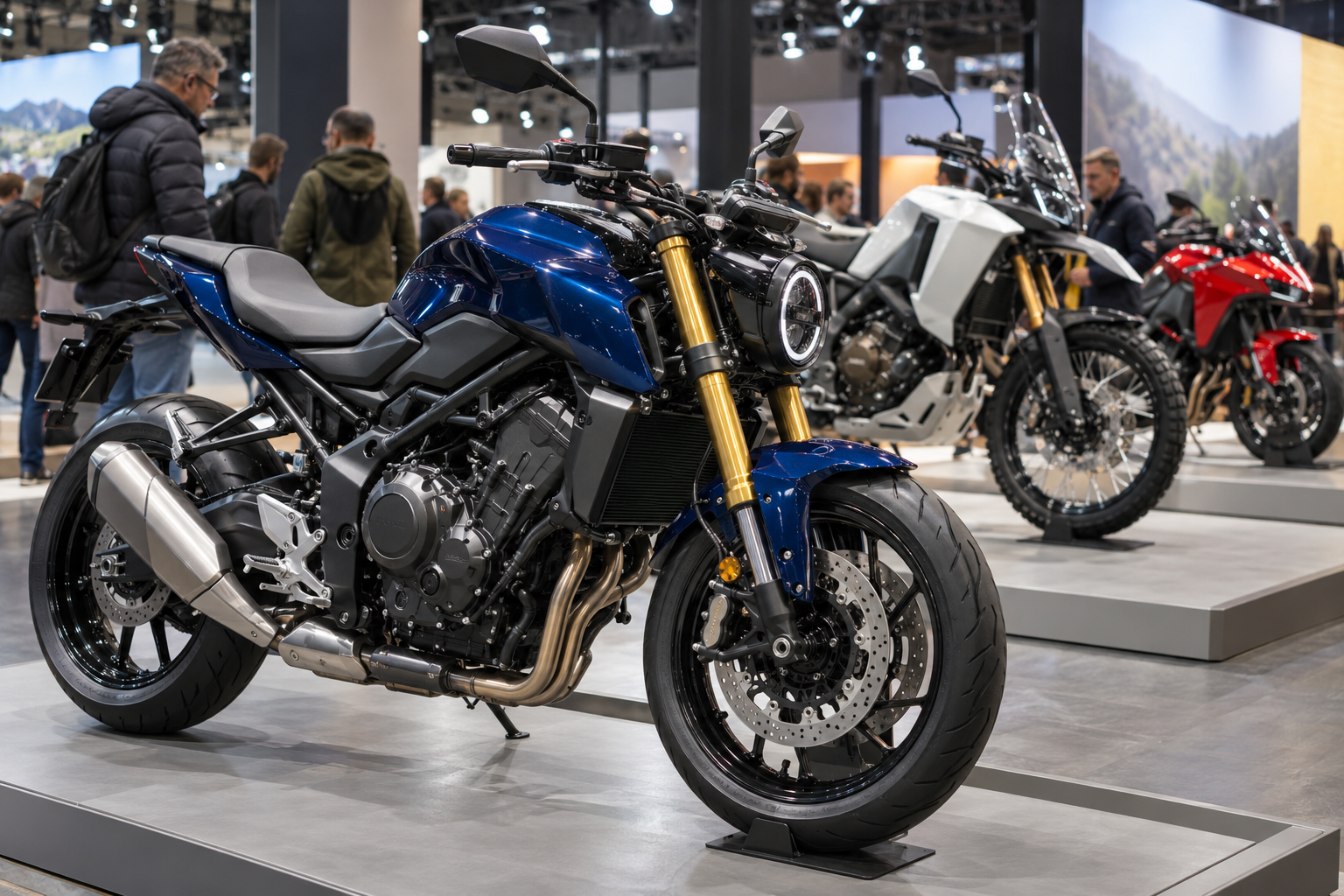 Illustrative view of motorcycles and visitors in an exhibition hall.