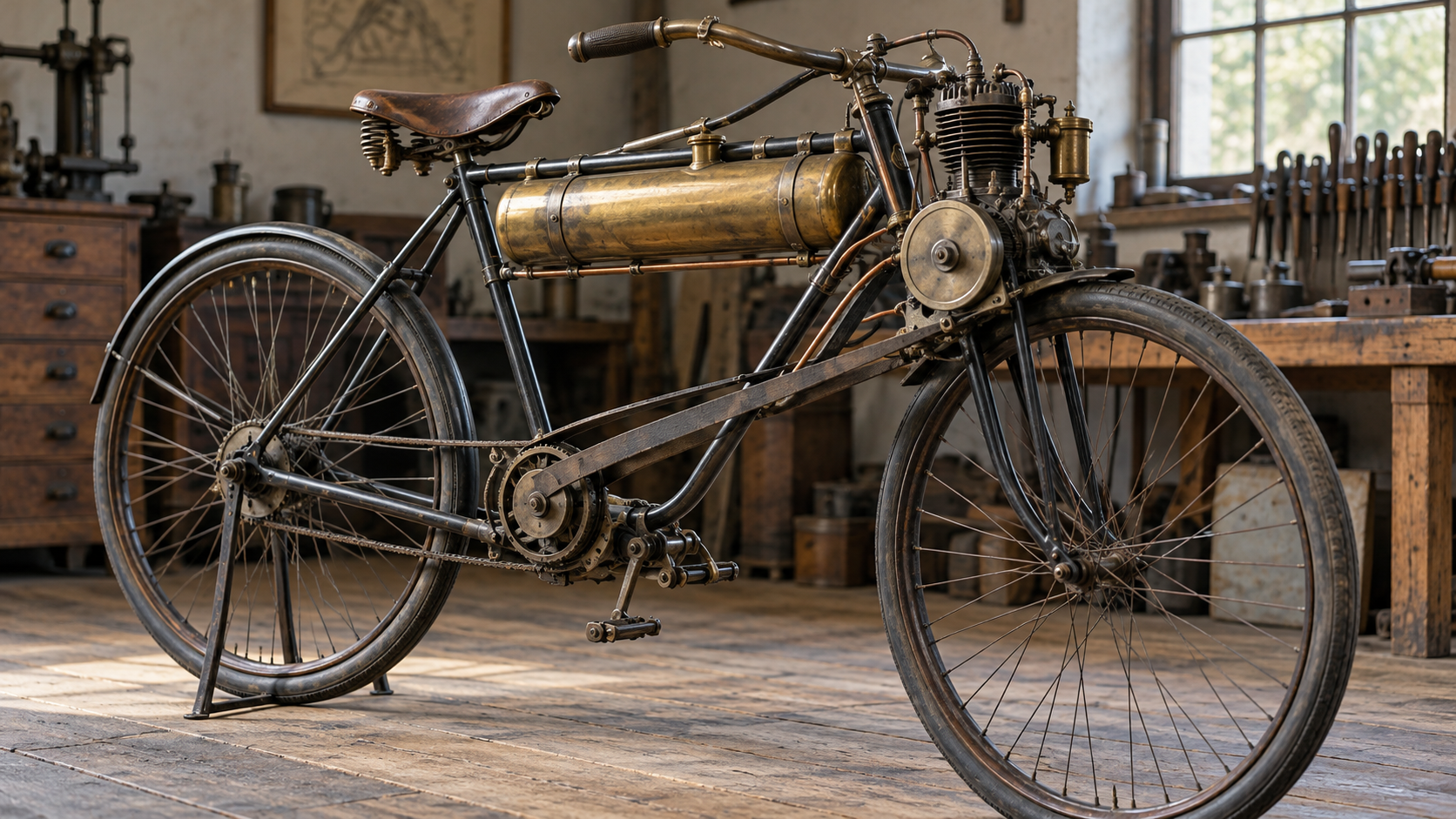 Agrīna motovelosipēda konstrukcija vēsturiskā darbnīcā.