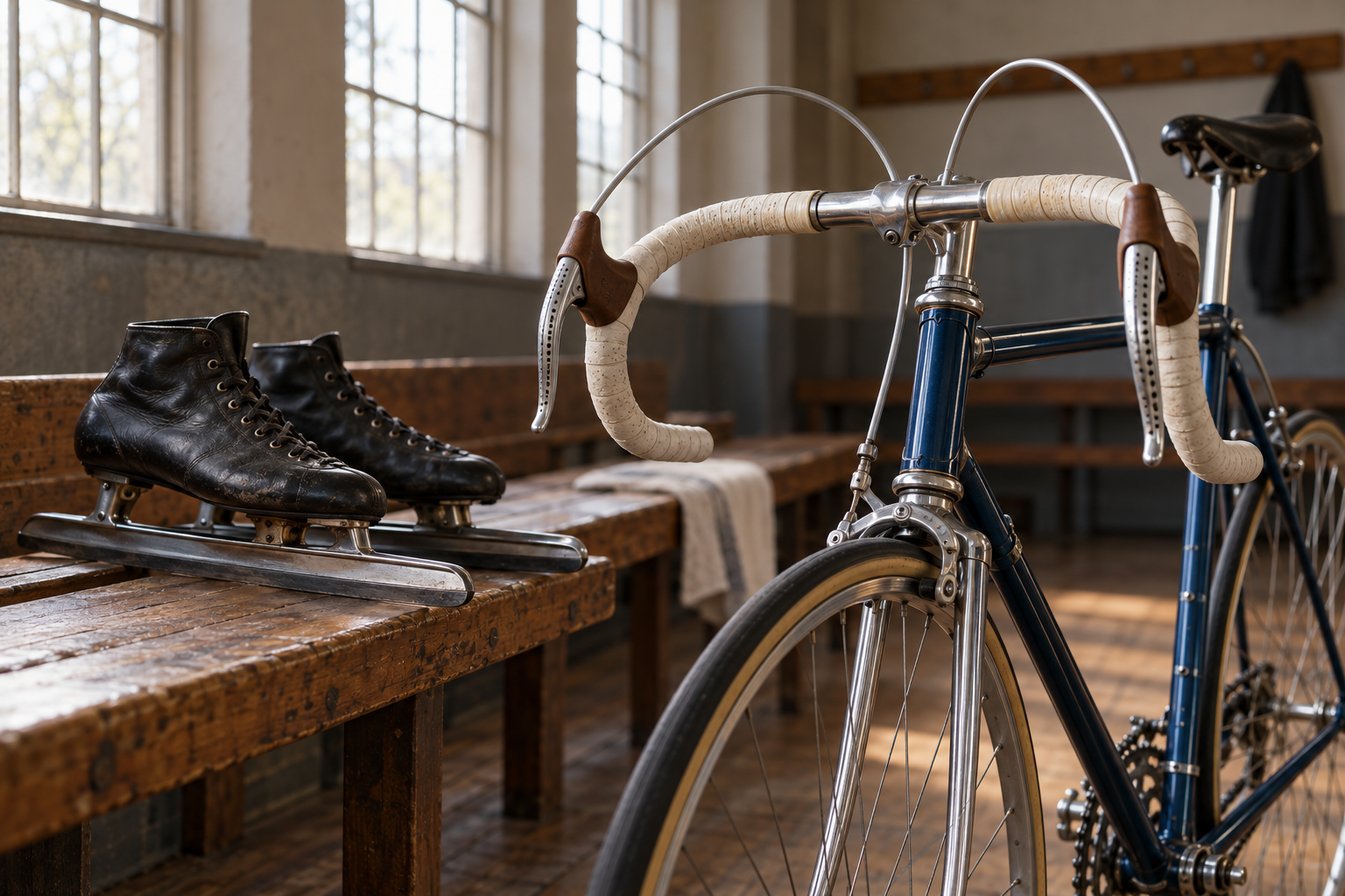 A classic road bicycle and speed skates. Editorial illustration.
