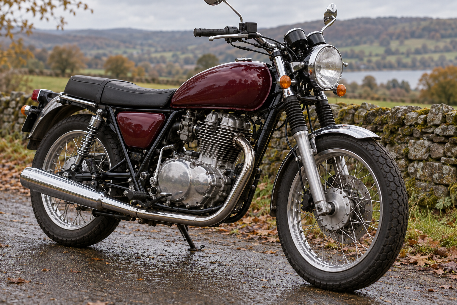 Illustrative scene of a classic single-cylinder road motorcycle in the countryside.