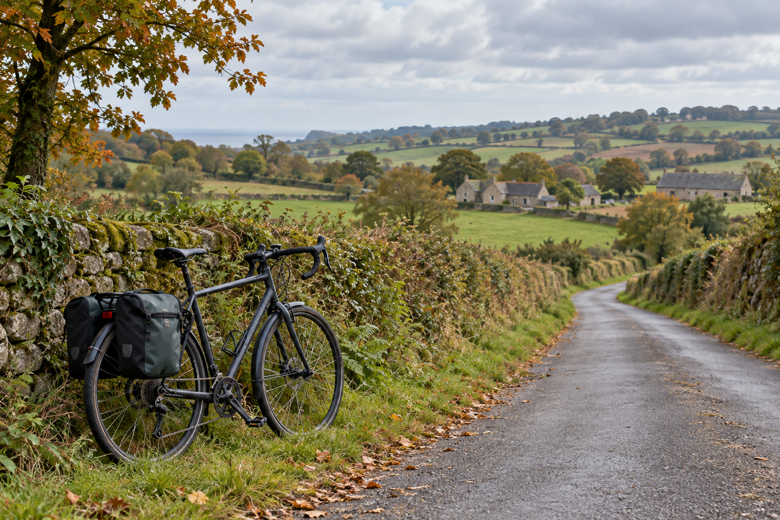 A touring bicycle beside a French country lane — an illustrative image.