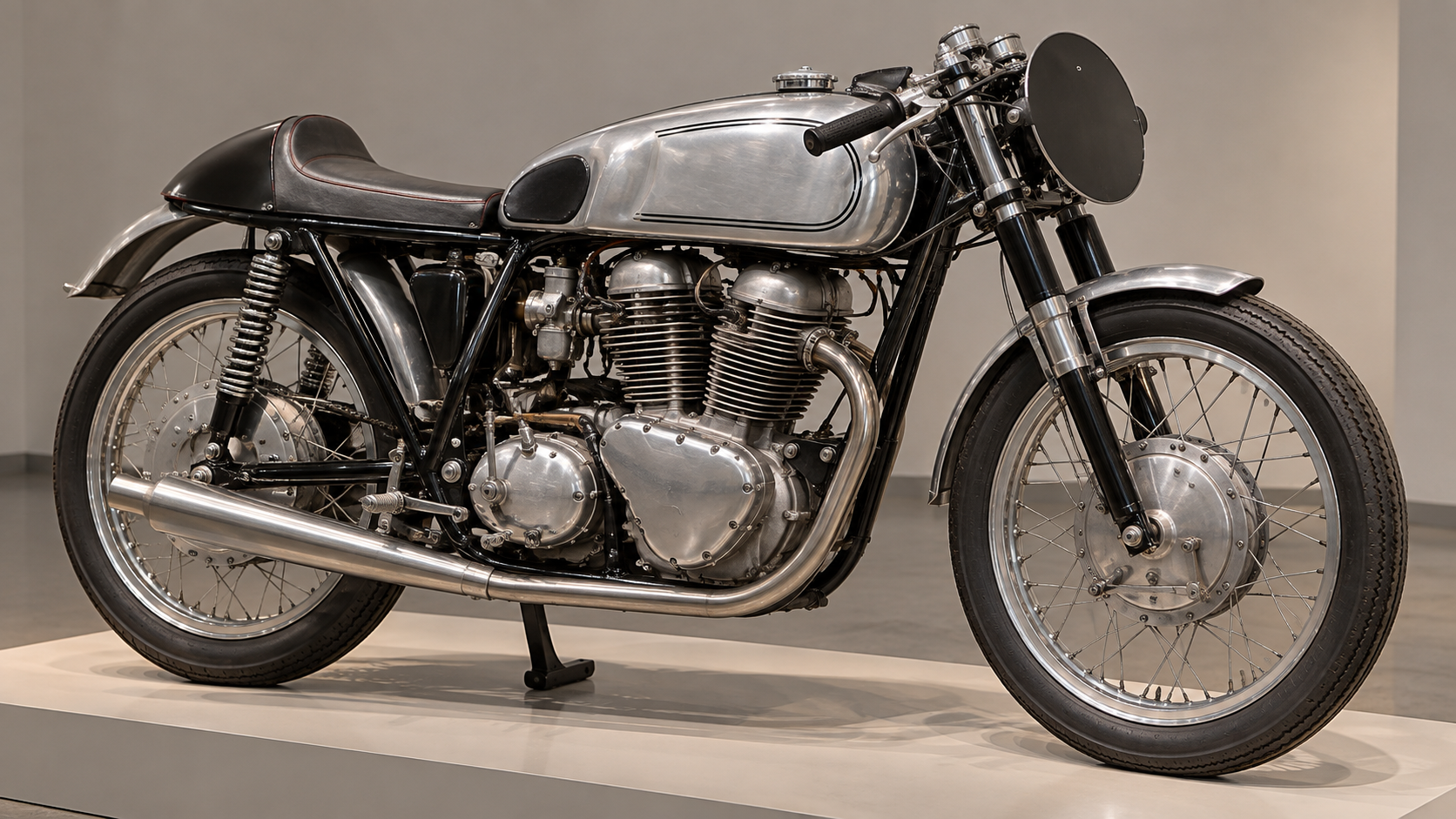 A 1950s racing motorcycle with an exposed twin-cylinder engine