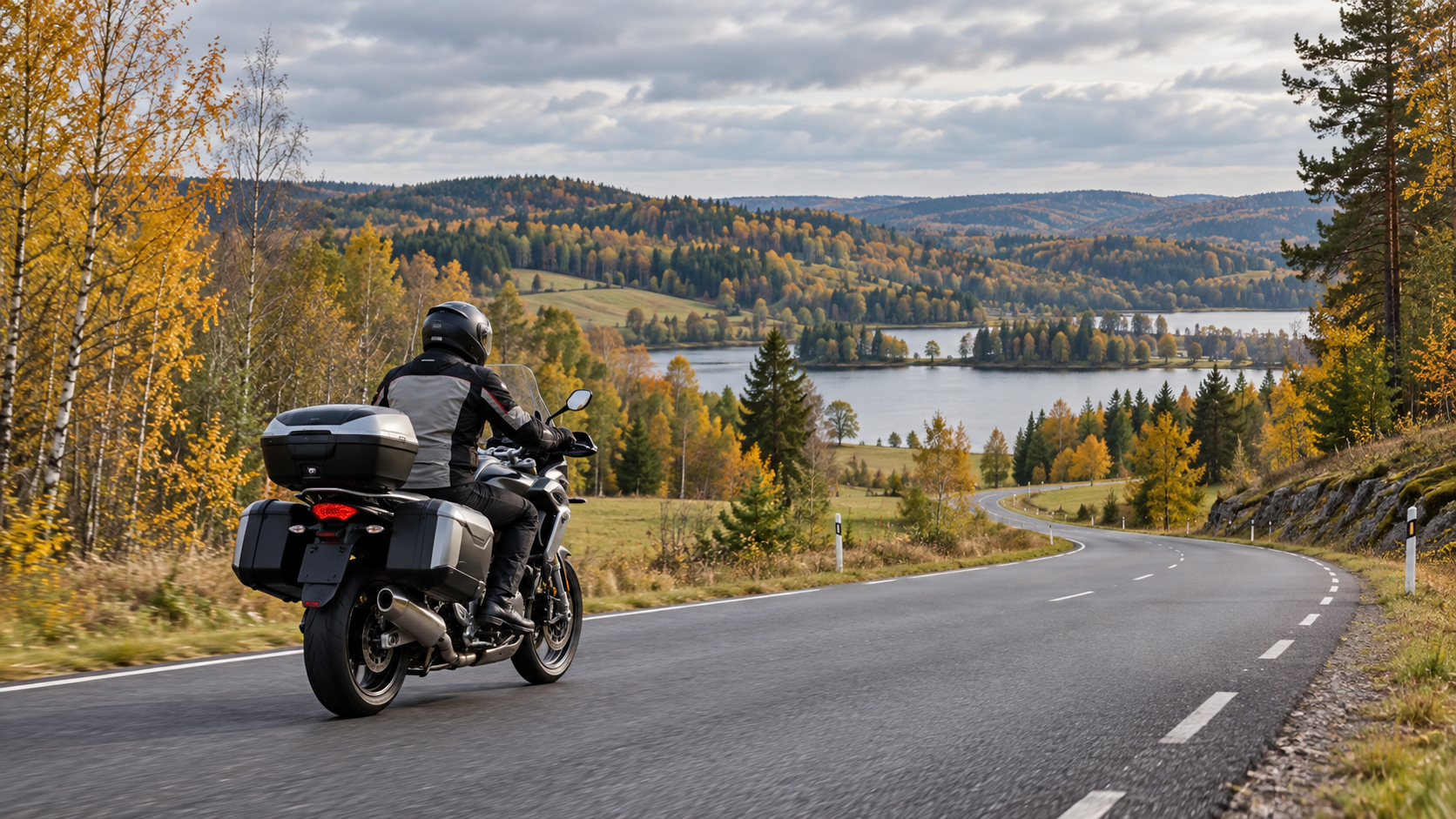 A motorcyclist on a winding road beside woodland and a lake in autumn