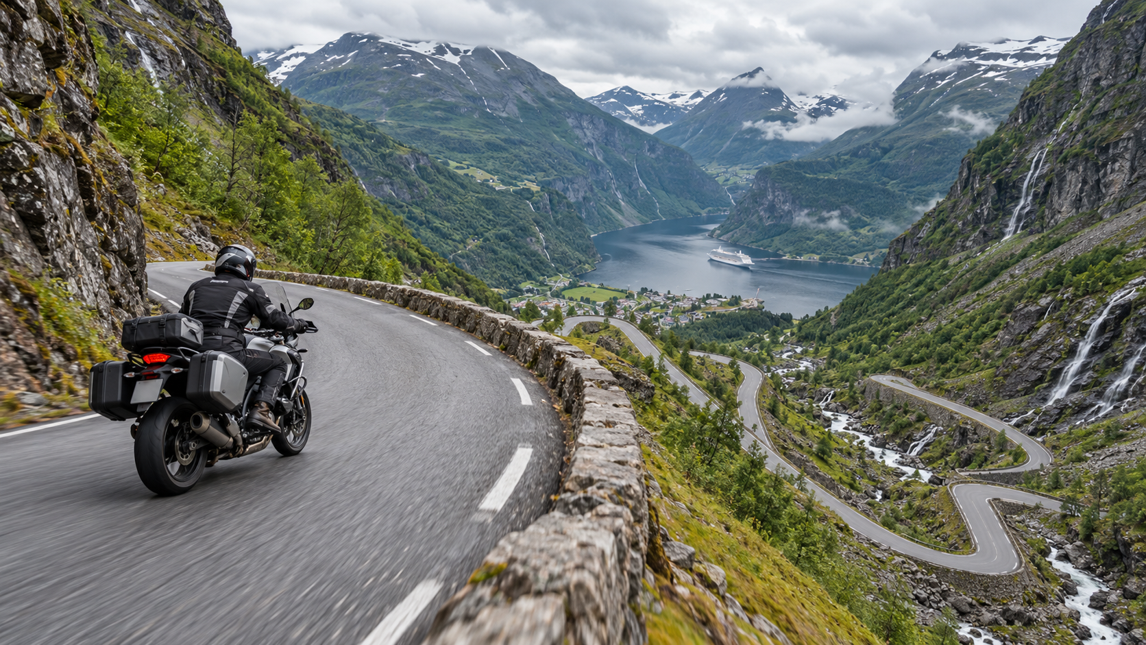 Motorcyclist descending a Norwegian mountain road