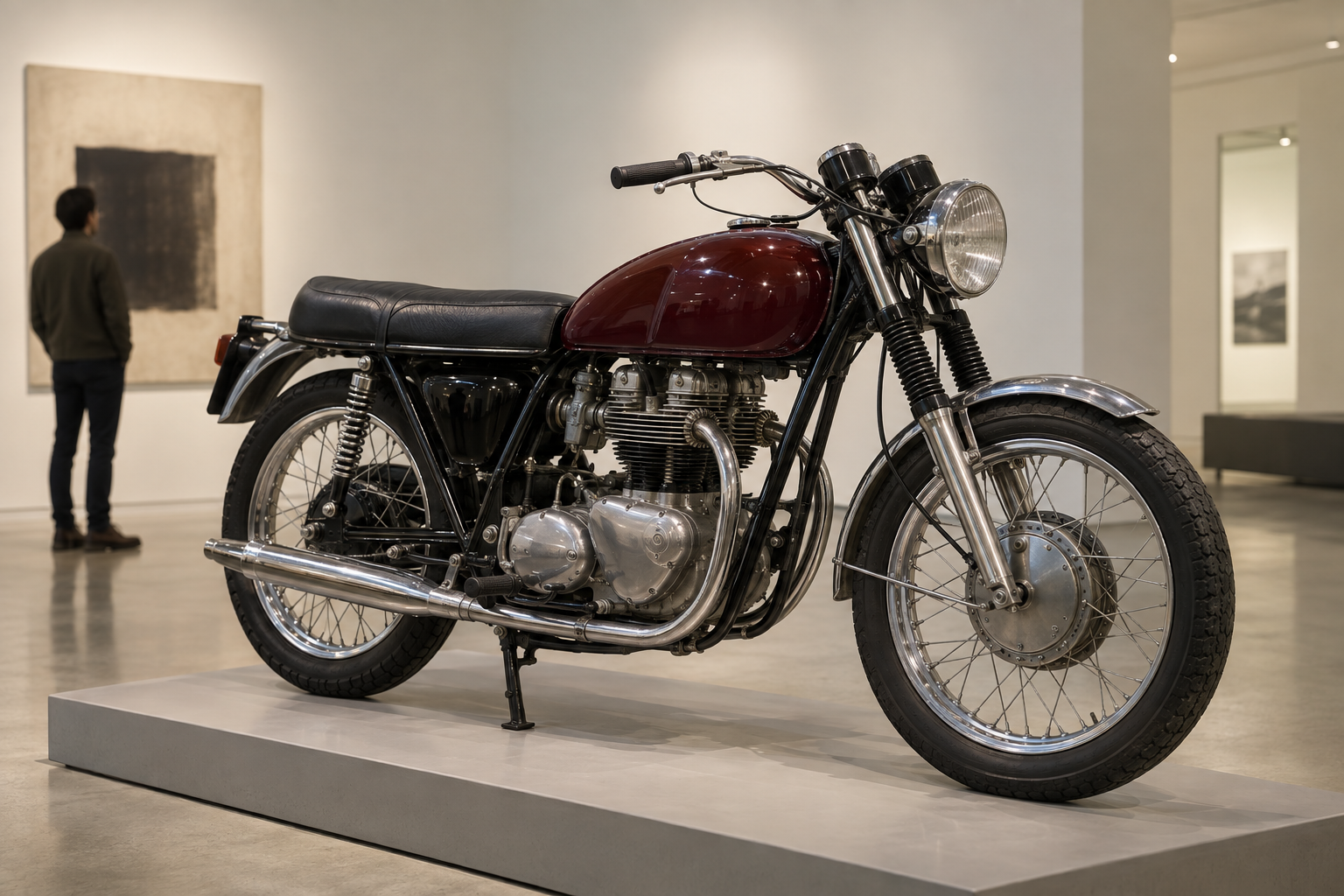 A classic-style motorcycle on a platform in an exhibition room.