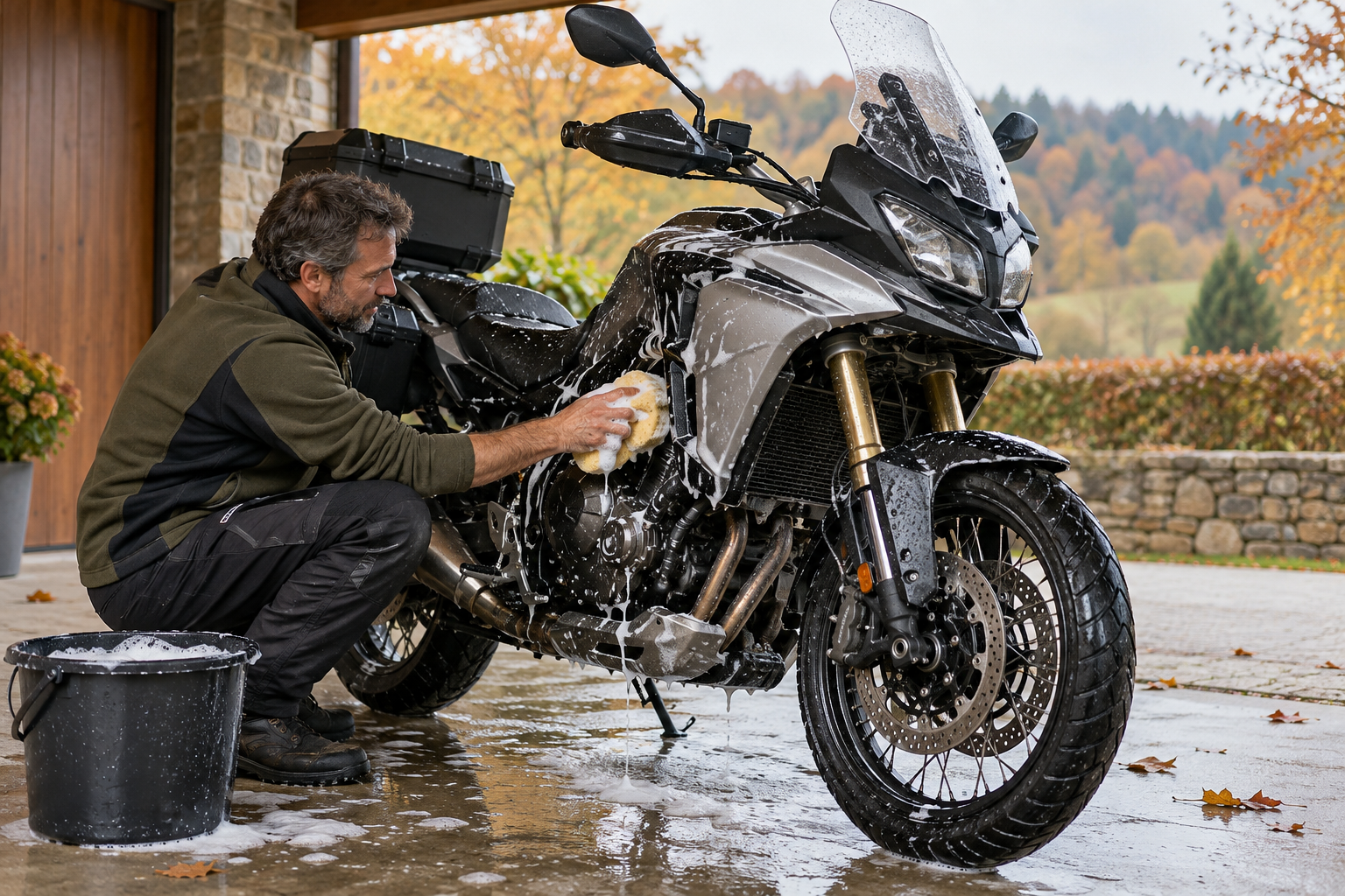 A motorcycle being washed with a soft sponge