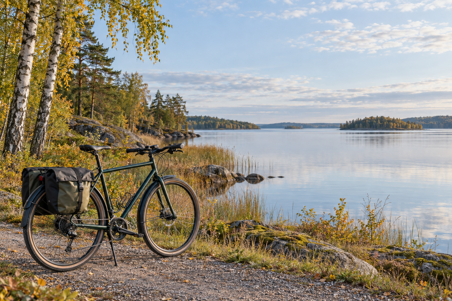 Ilustratīvs attēls: tūrisma velosipēds ar somām uz grants celiņa pie ezera.