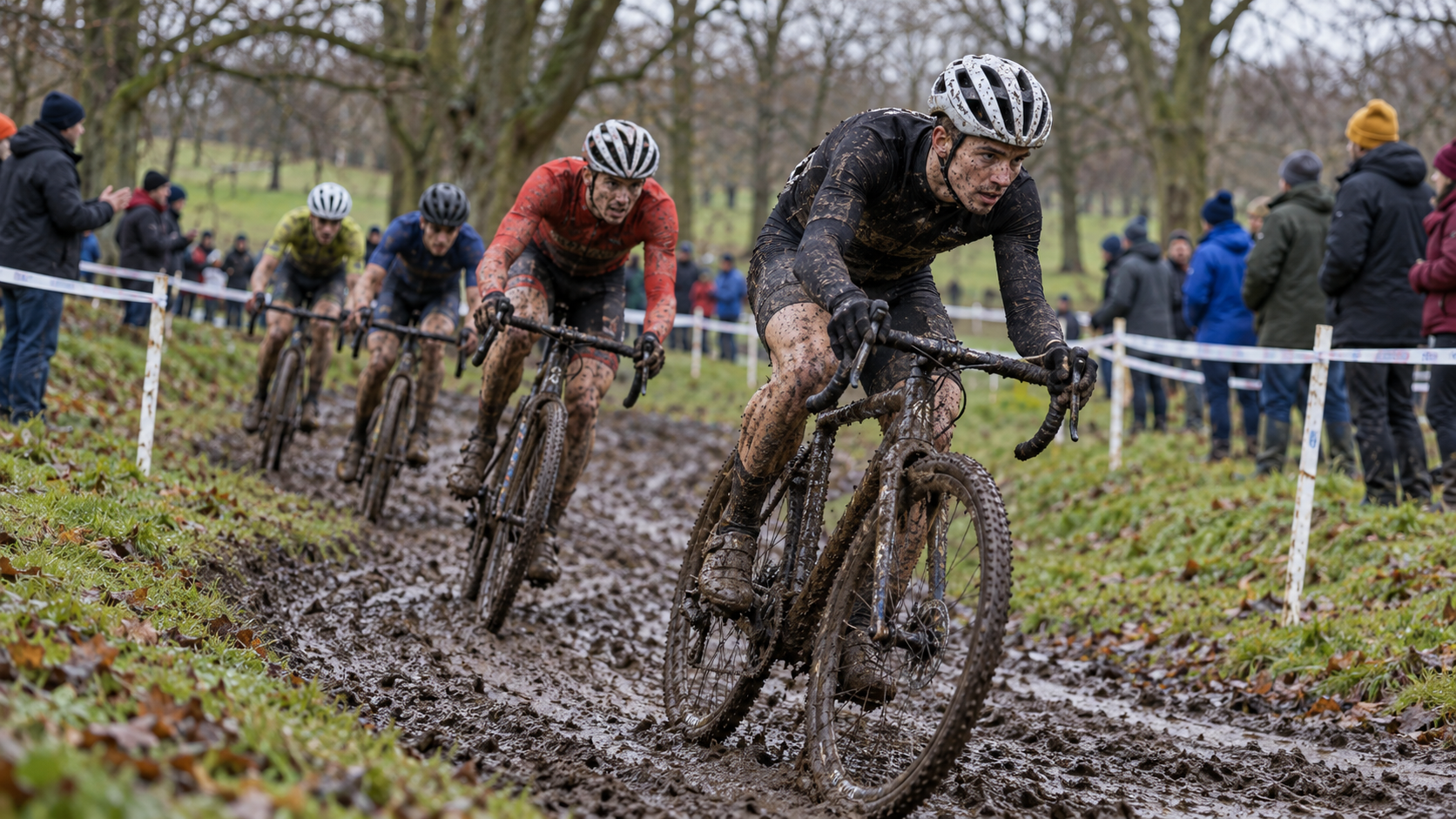 Cyclo-cross riders racing on a muddy course in a park
