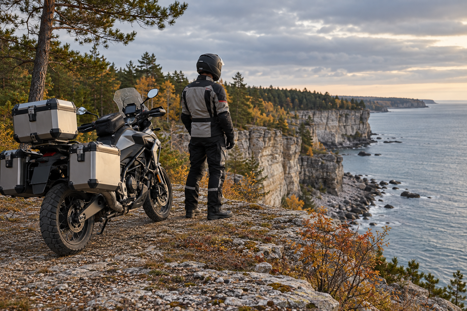 A motorcyclist at a viewpoint on Estonia’s northern coast
