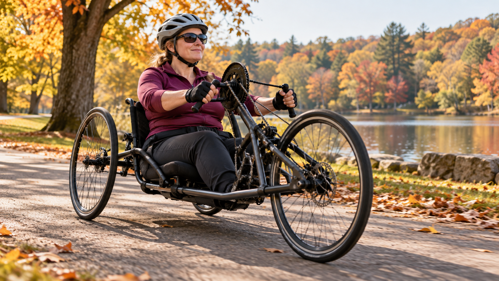 A rider powers a three-wheeled handcycle along a park path