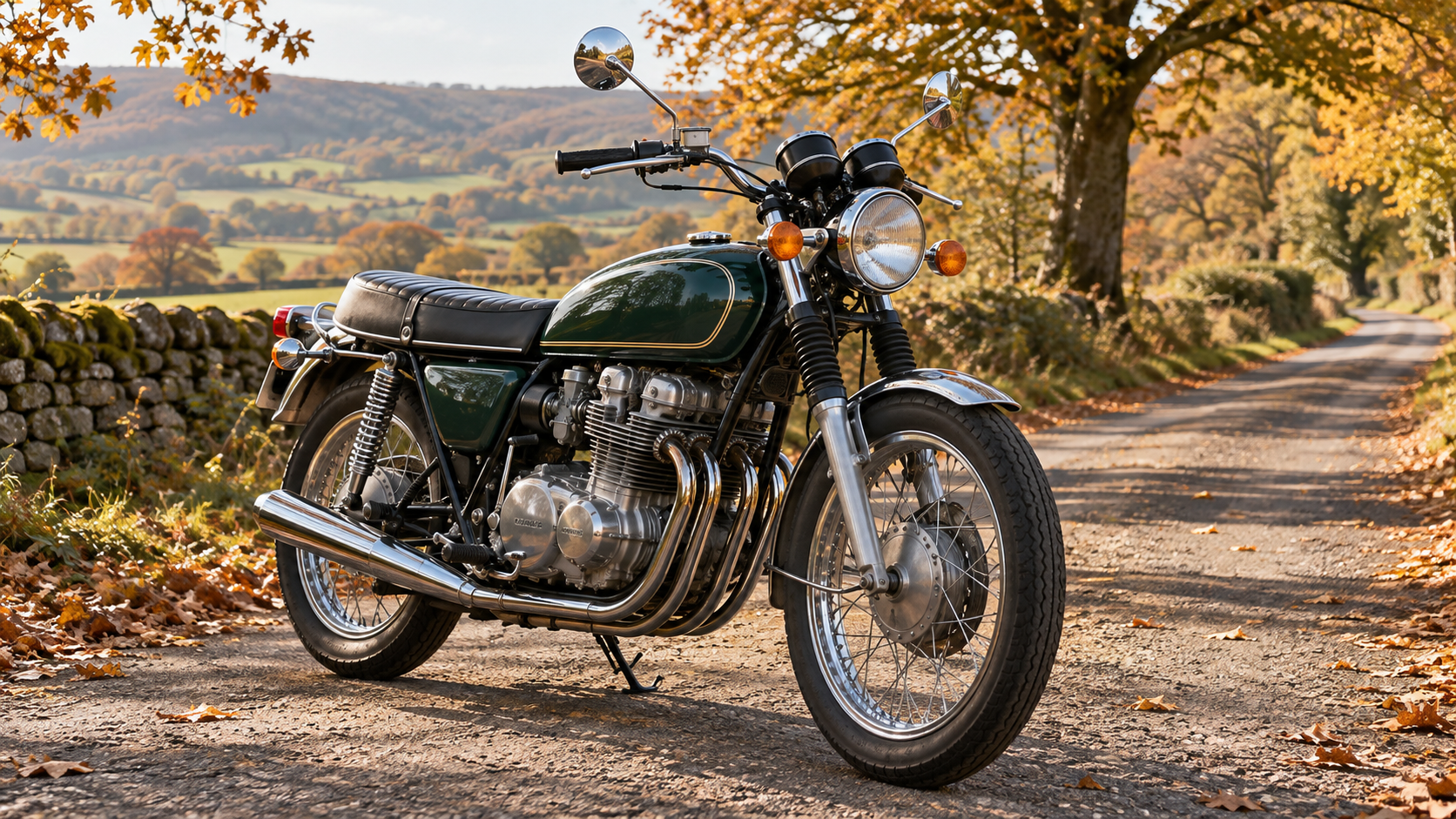The silhouette of a classic four-cylinder motorcycle era