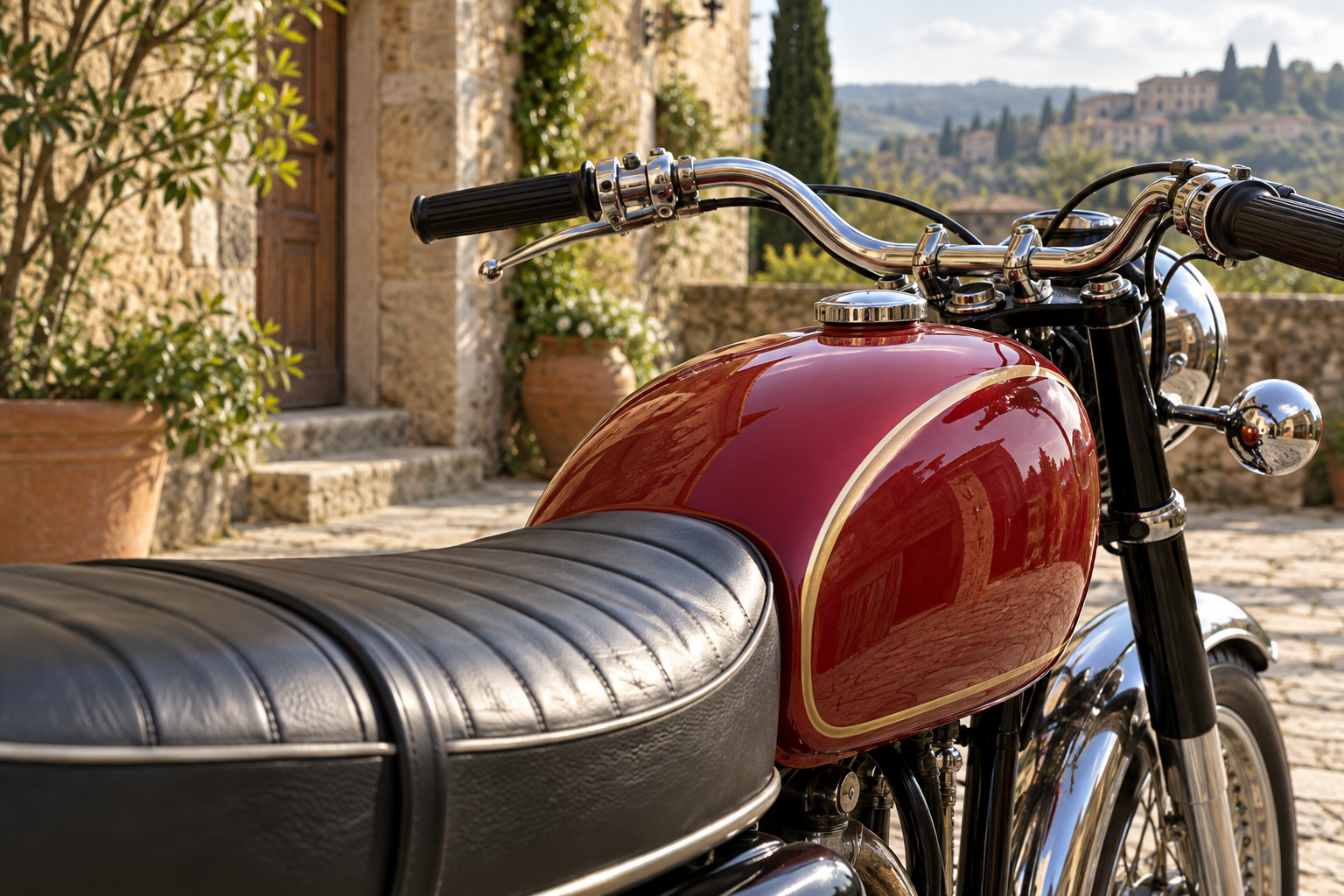 Fuel tank and seat of a classic 1970s-style road motorcycle
