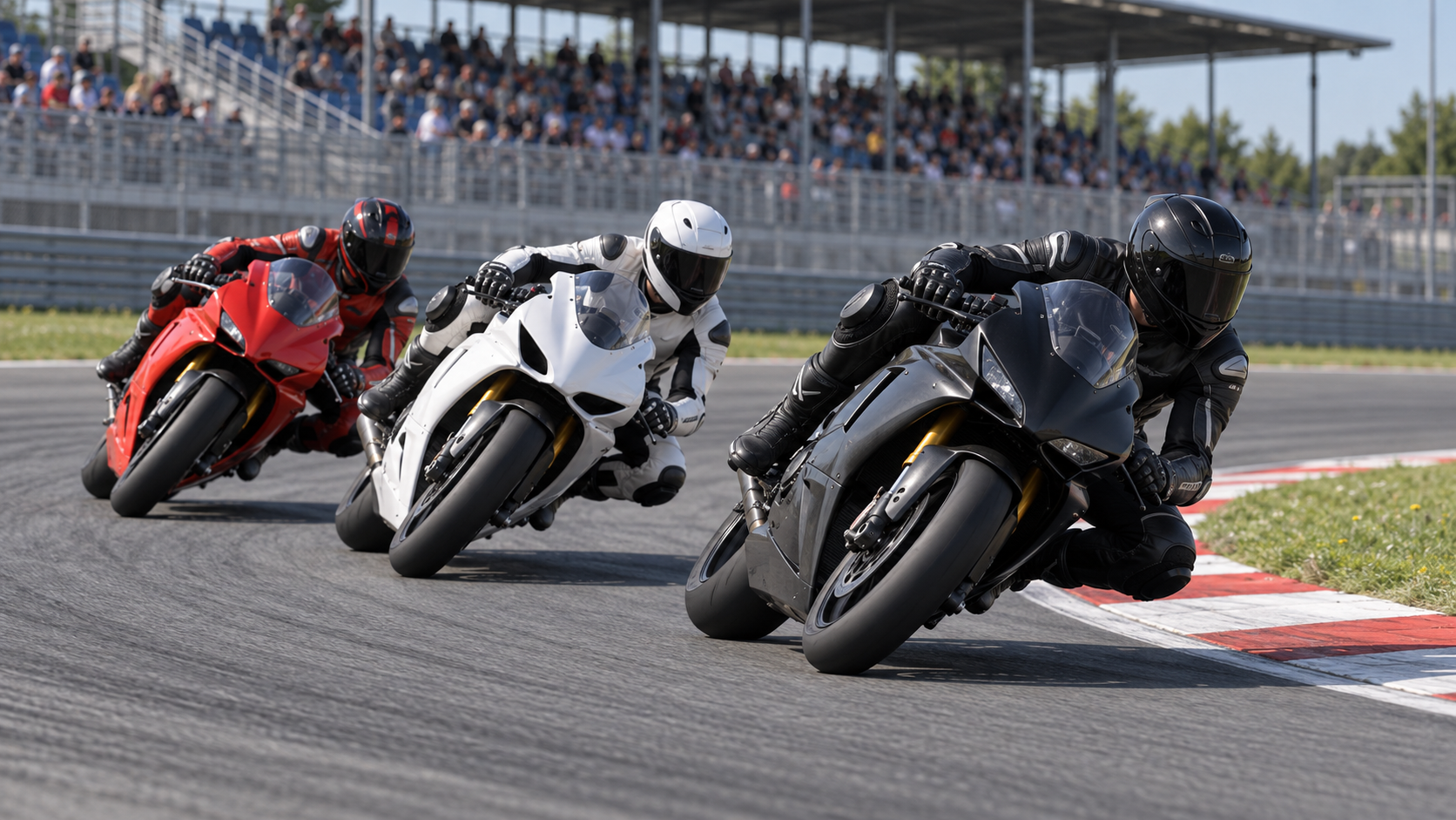 Sport motorcycle riders lean through a corner on a racing circuit.