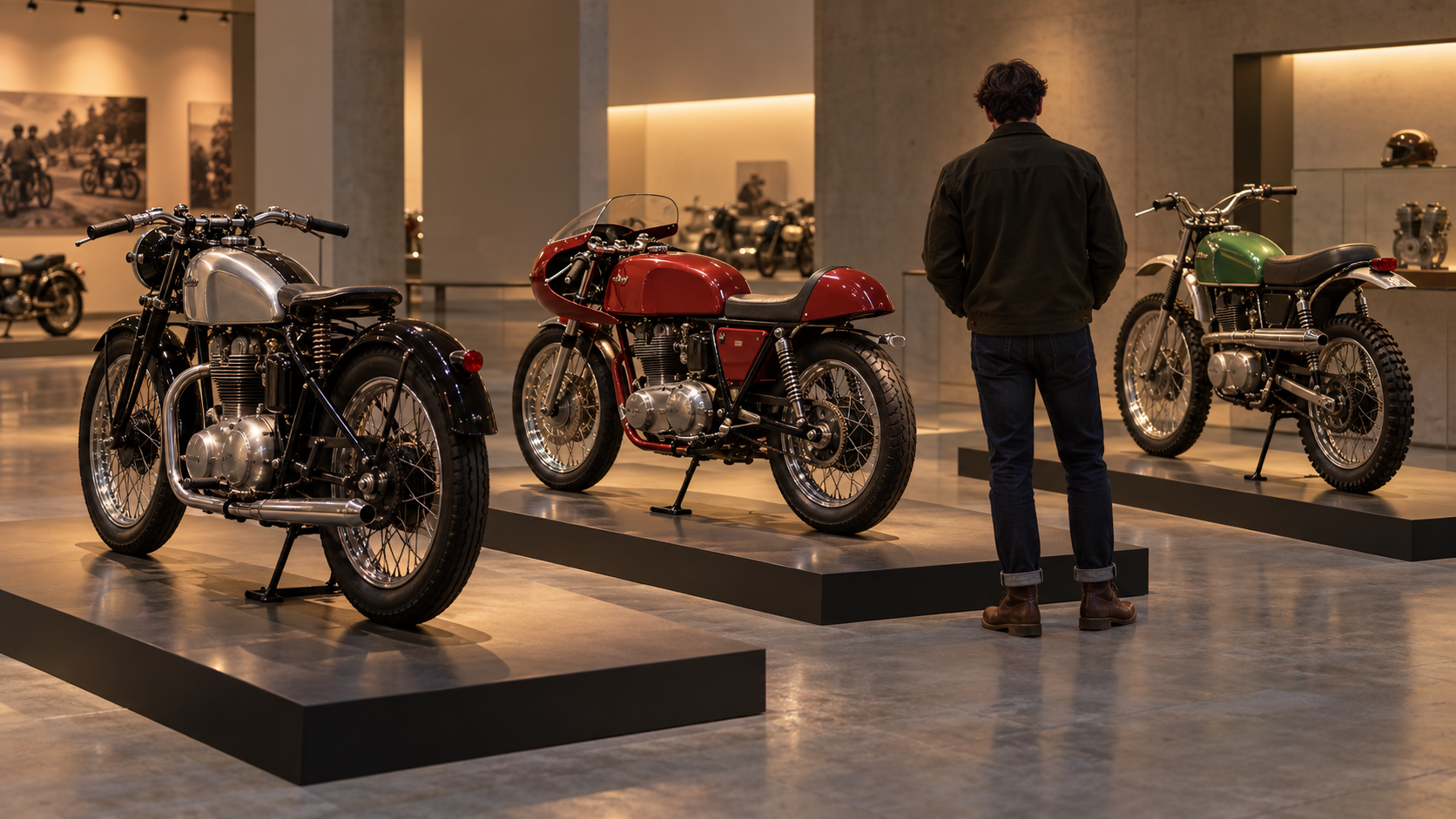A visitor looking at motorcycles from different eras in a museum gallery