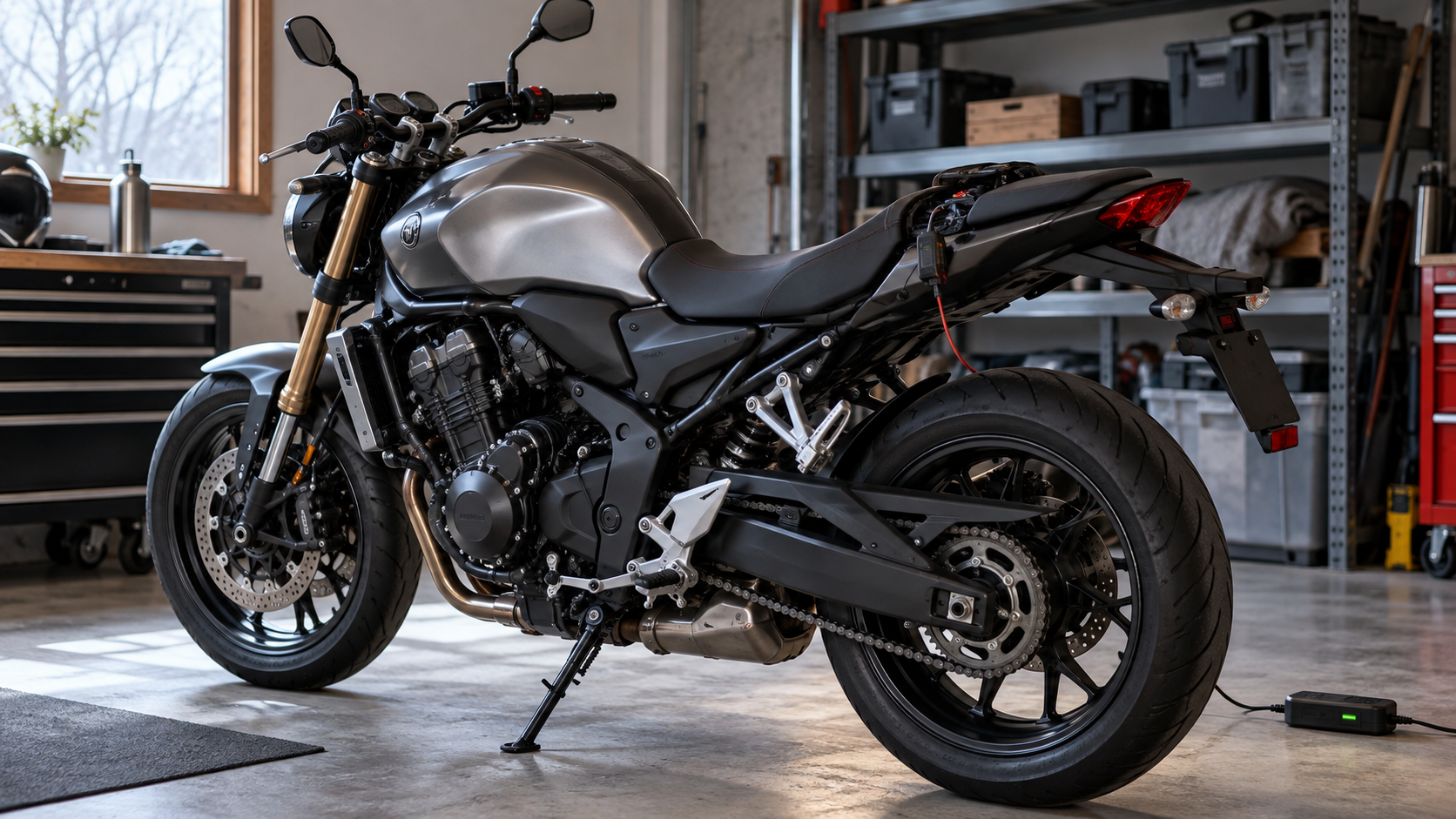 Switched-off motorcycle in a dry garage with a battery maintainer connected