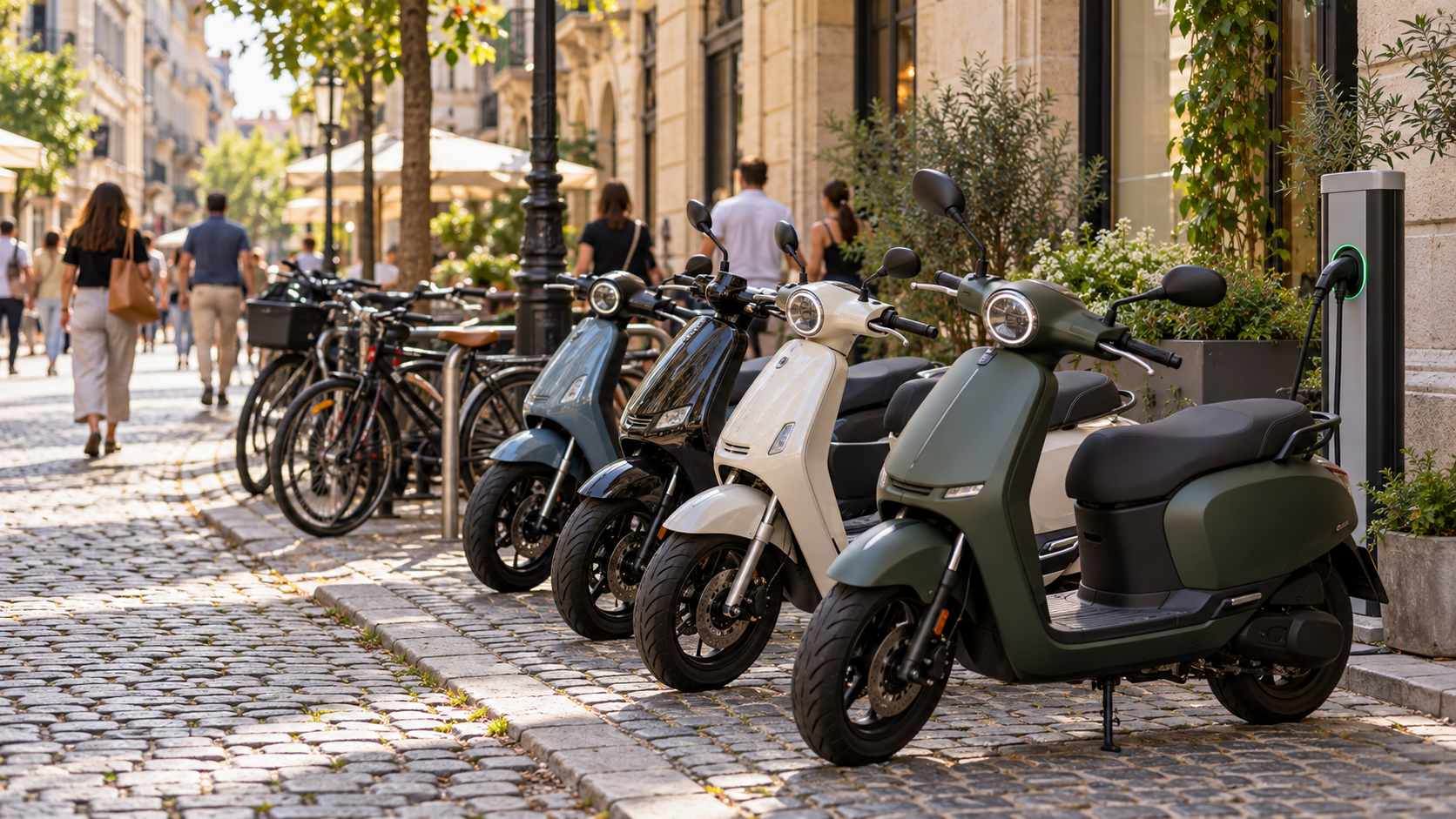 Scooters parked on a European city street