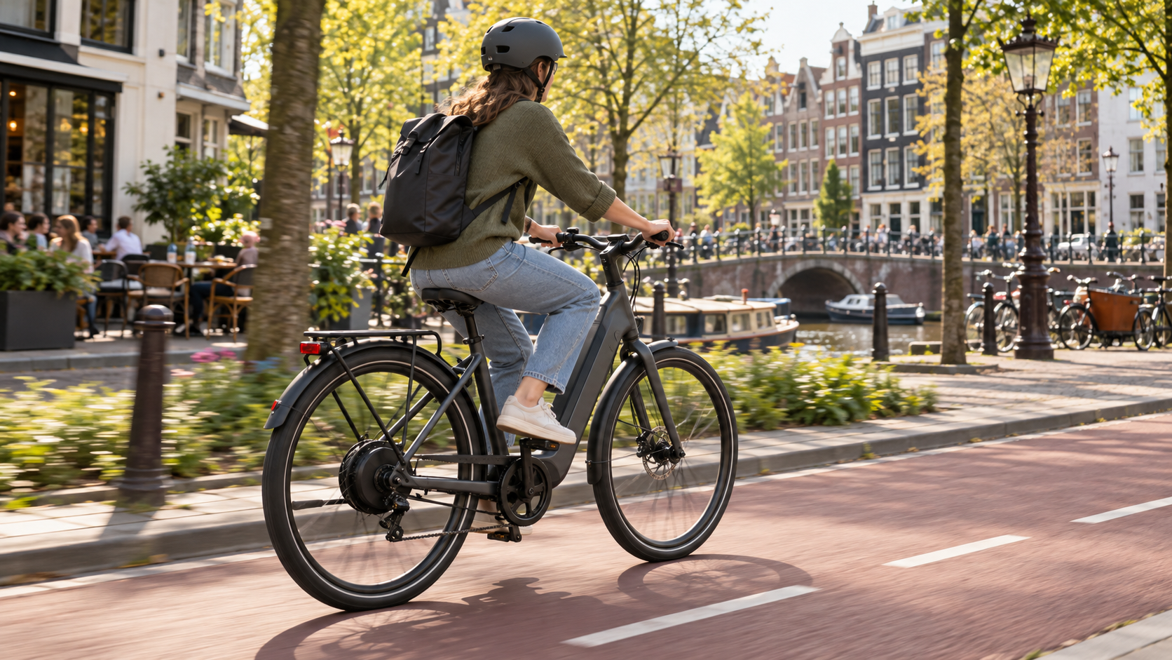 An electric city bicycle with a rear hub motor on a cycle lane