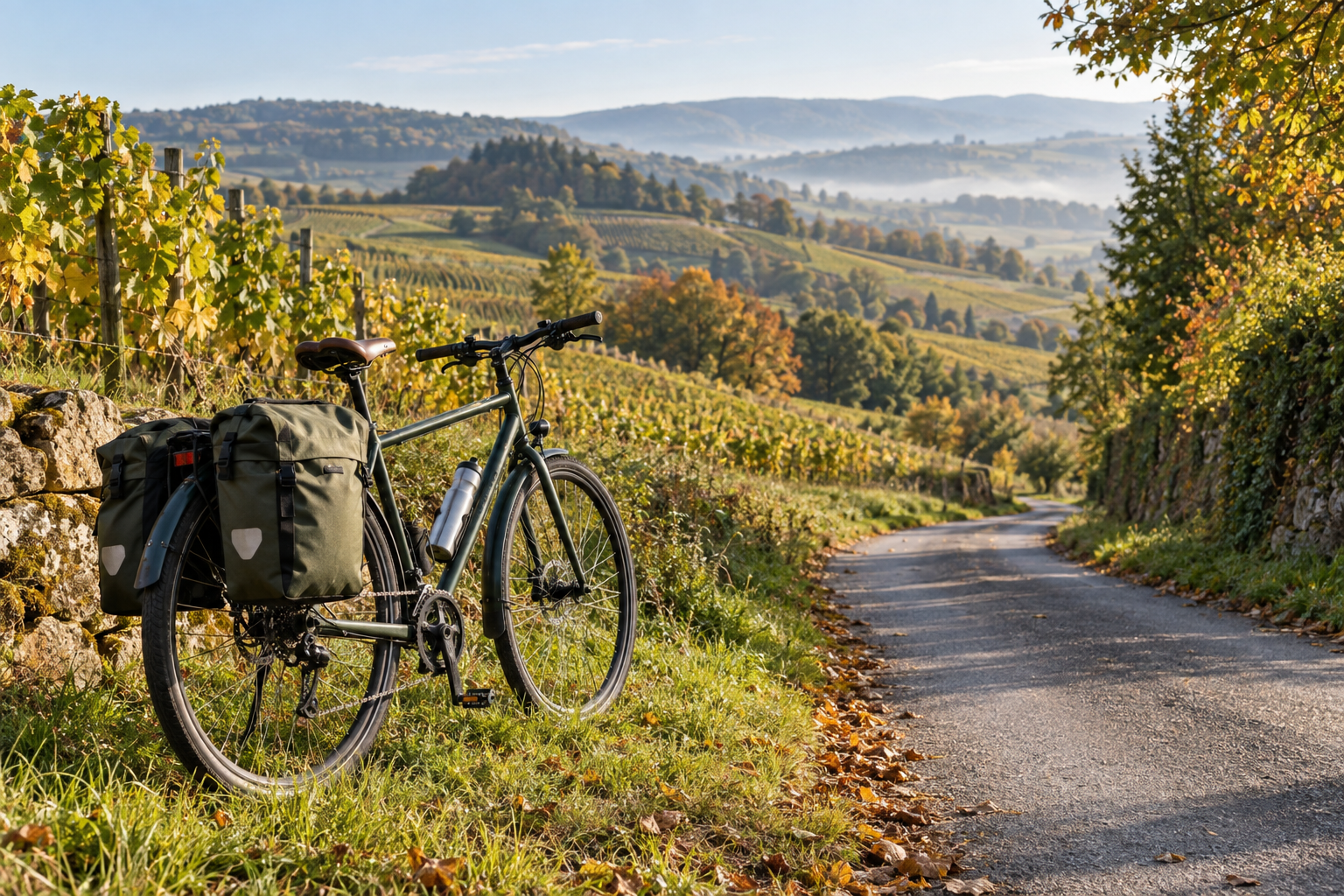 Tūrisma velosipēds pie lauku ceļa vīna dārzu ainavā