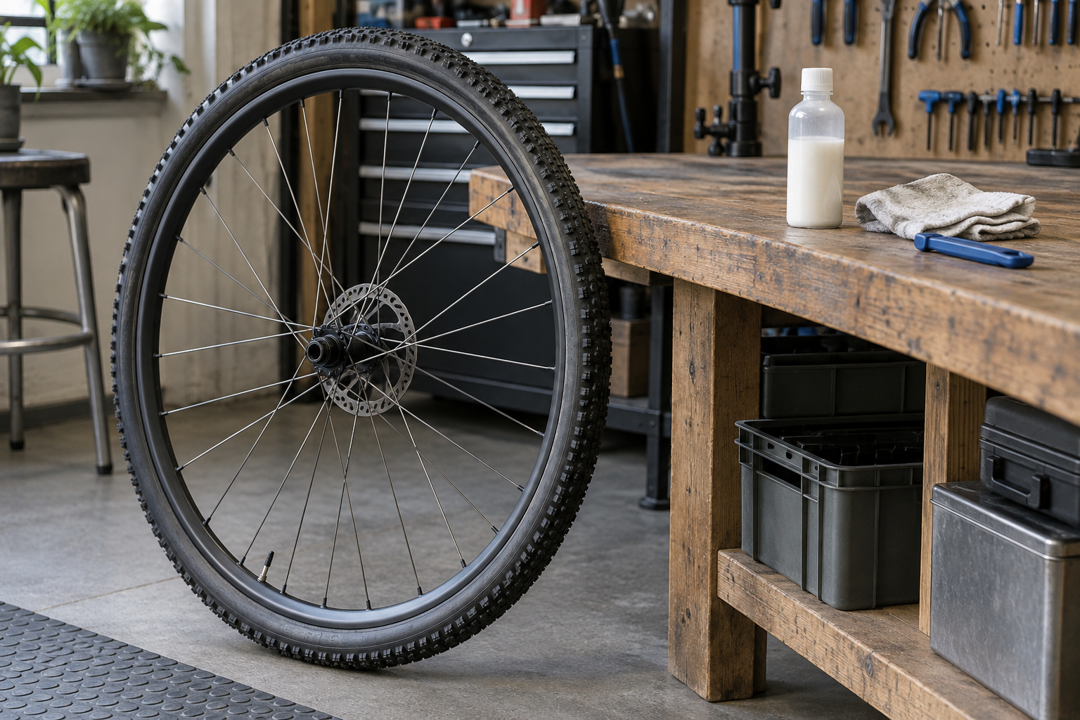 Bicycle wheel and tyre maintenance supplies in a workshop. Editorial illustration.