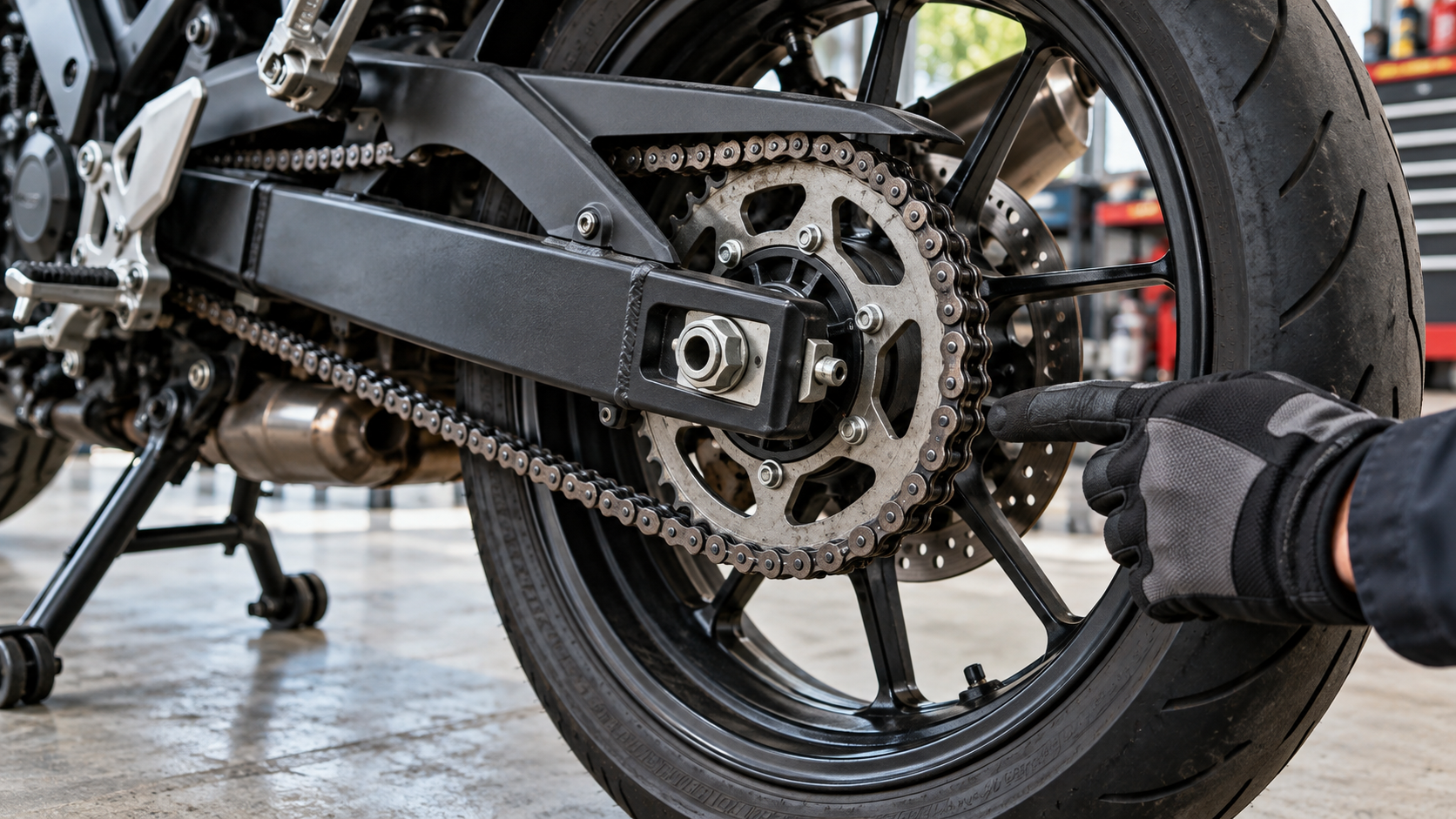Motocikla aizmugurējā riteņa ķēde un zobrats darbnīcā