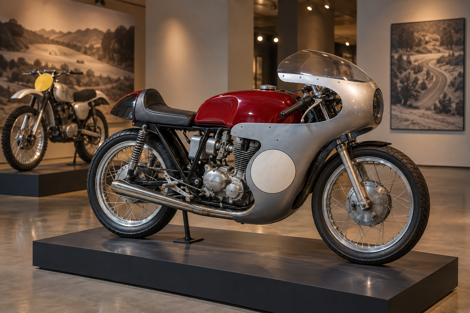 Illustrative motorcycle exhibition scene; the Racing Motorcycle Museum interior is not depicted.